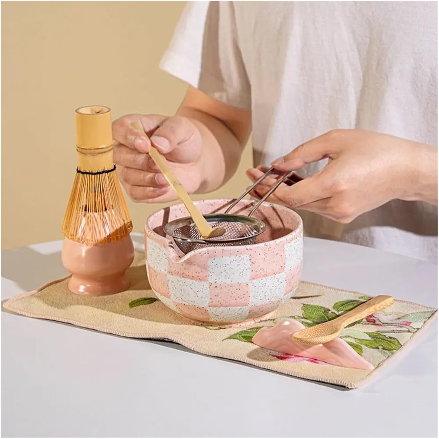 Ceramic Matcha Bowl Checkered Pattern Smooth Whisk Stand Temperature Resistant Large Capacity Green Tea Maker Cup(Orange-A)