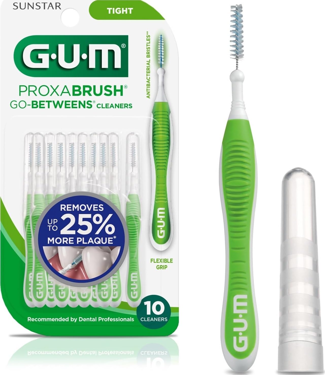 GUM Proxabrush Go-Betweens Tight Interdental Brushes, 10 Count | Triangular soft bristles, Nylon-coated wire safe for braces & implants, Reusable with breathable travel cap, 10 days of use