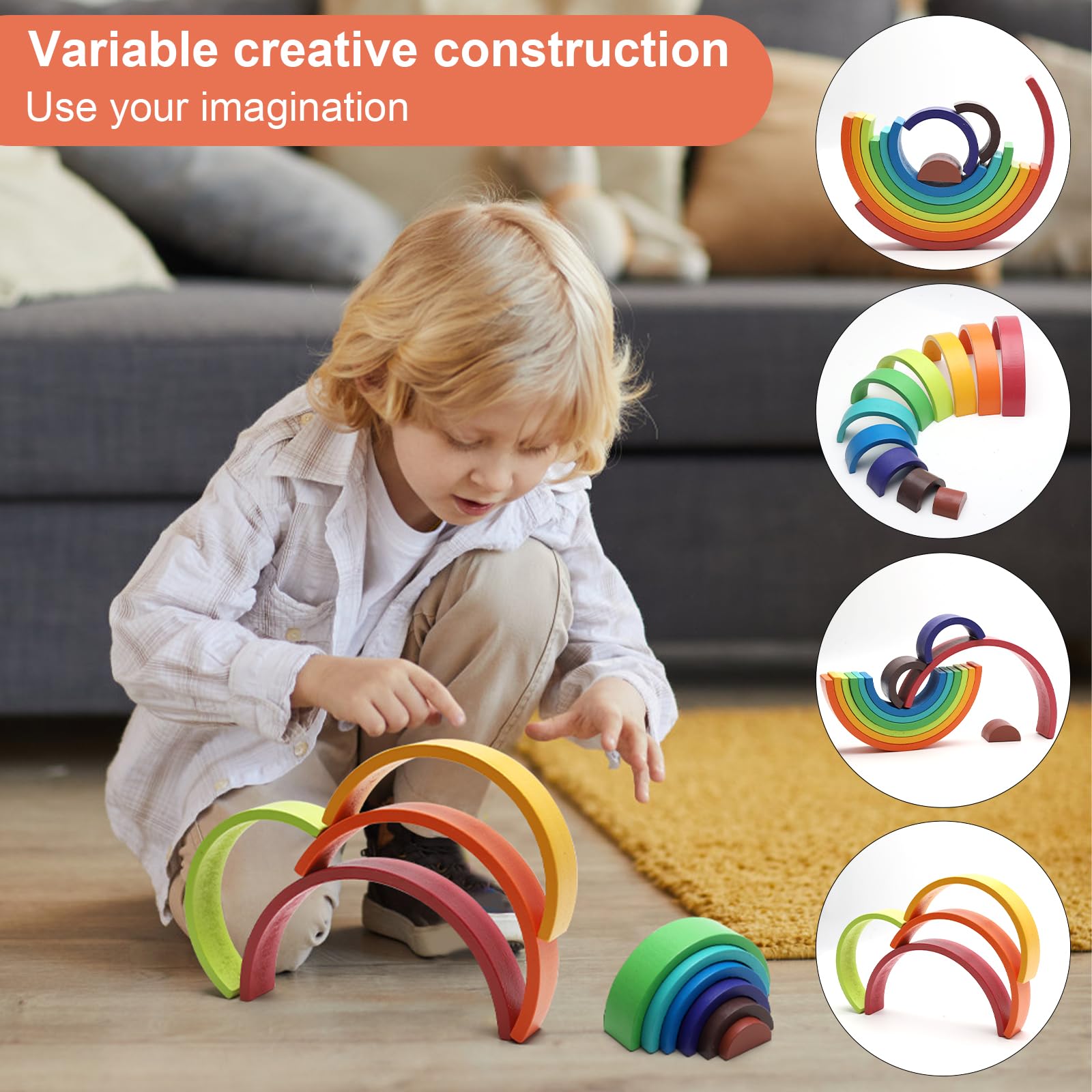 Jouet arc-en-ciel en bois, blocs de construction en bois empilables pour enfants (10 couleurs)