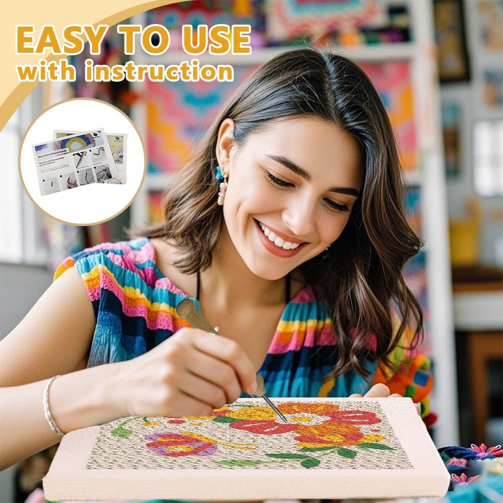 DOODLREAM DIY Punch Needle Embroidery Kit for Adult Beginner 24cm Flower and Butterfly Punch Stitching Craft Set for Starter with Frame Fabric Pattern - Image 3