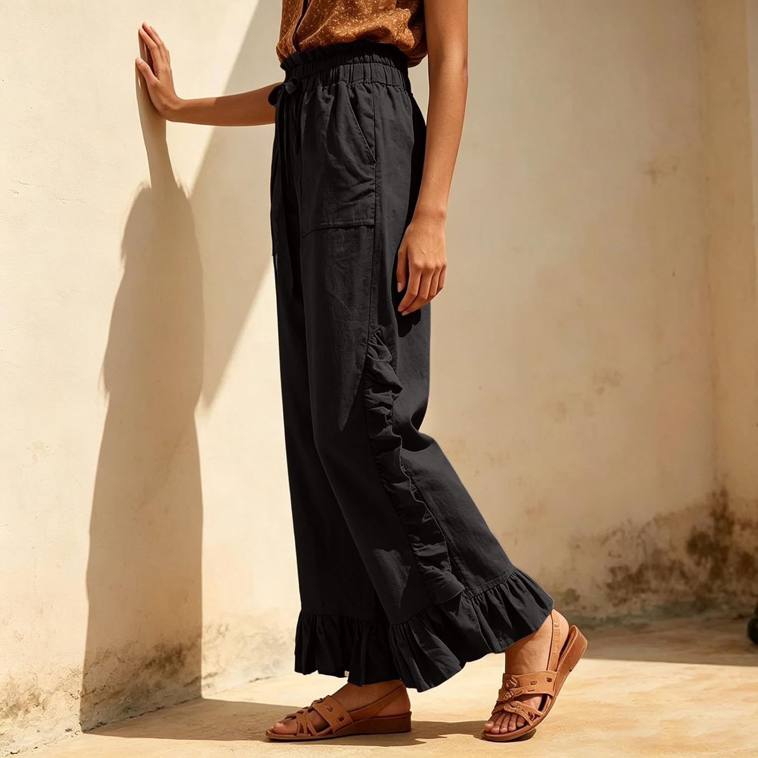 Womens Ruffle Trim Wide Leg Pants Drawstring Elastic Waist Loose Fit Trousers Bohemian Vacation Beach Palazzo Pants