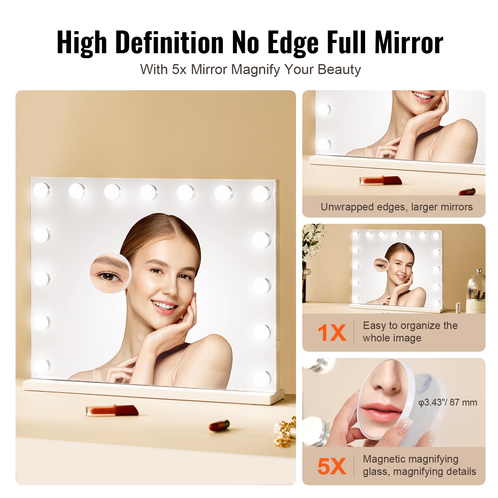 VEVOR Miroir de Maquillage Hollywood avec 15 Ampoules LED Intensité Variable, 3 Modes Éclairage de Couleur, Miroir Grossissant 5X Amovible, Port USB, Contrôle Tactile Intelligent, Support, 580x458 mm