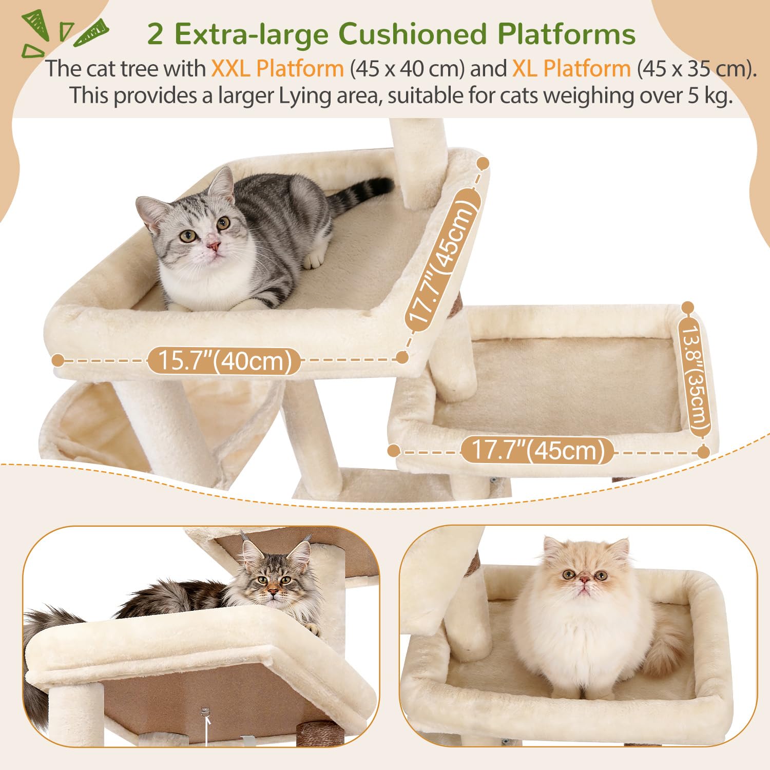 Globlazer Beige Arbre a Chat XXL pour Gros Chats 203 cm avec 2 Grande Niches 45*40*35cm, 2 Vaste Plate-Forme, Perchoir, Griffoir en Sisal, Panier, Arbres à Chat pour Grand Chats Adulte (F80E, Beige)