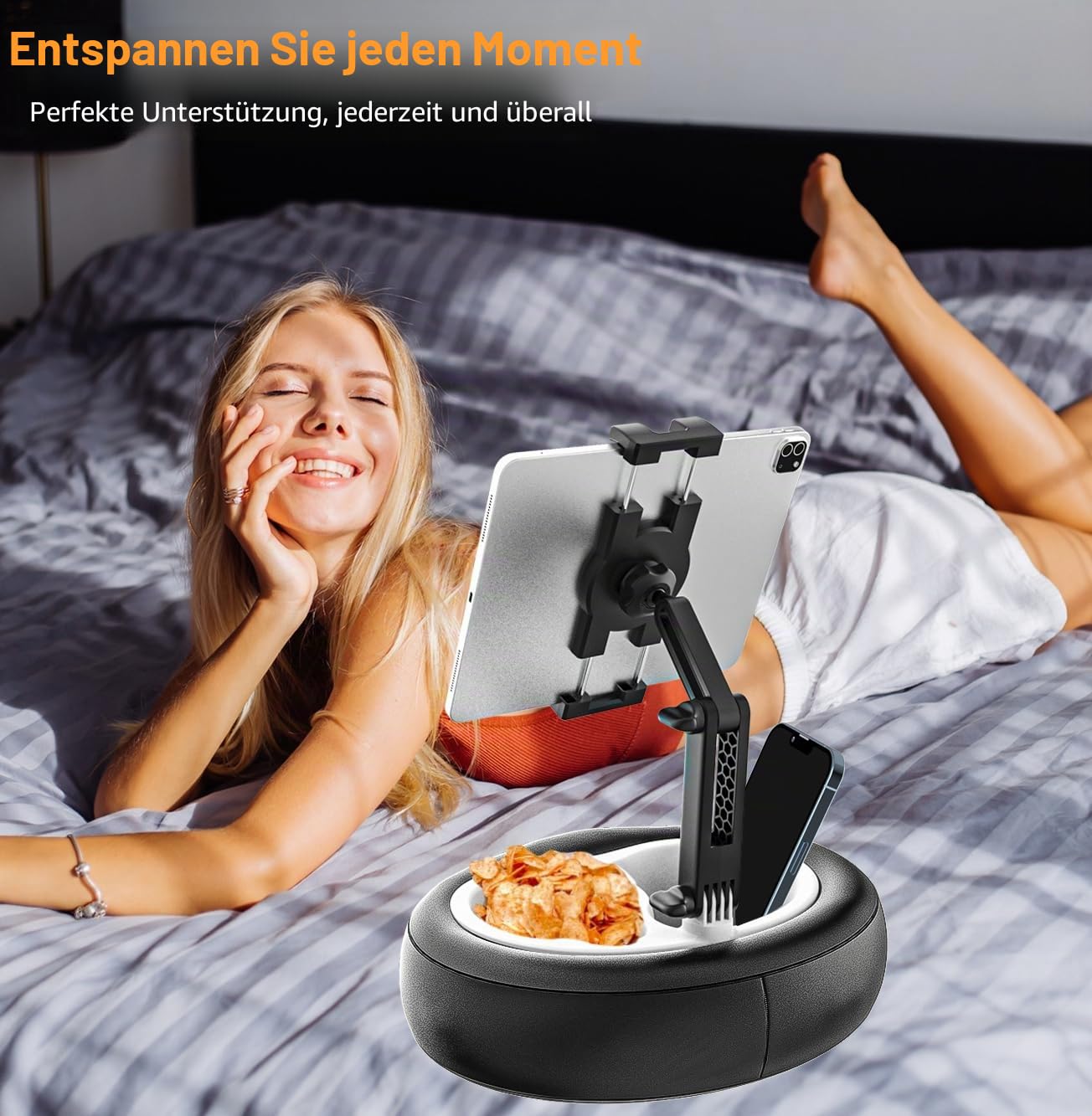 Tablet Halterung Kissen, Tablet Kissenhalter für Bett, Sofa, Schoß mit Verstellbarer Arm, für iPad Pro Air Mini, Kindle, Galaxy Tab, Handy, 4-13" (Weiches Leder, Schwarz)