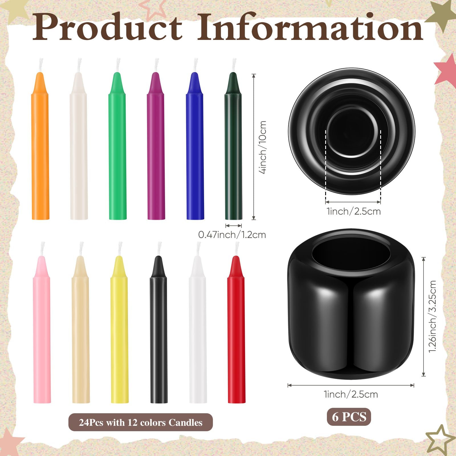 Baderke 24 Pack 4 Inch Mini Colored Taper Candles Sticks and 6 Spell Candle Holders for Witchcraft Spell Candles for Rituals, Birthdays, Meditation, Altar, Spells