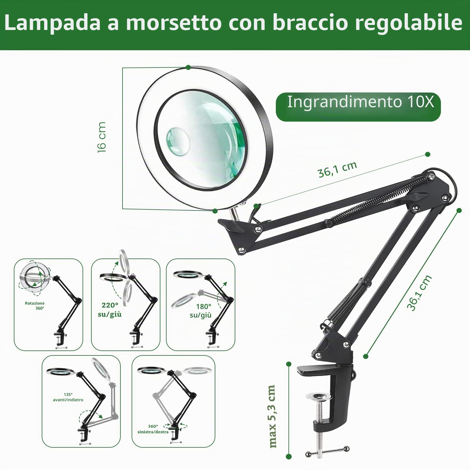 ZABOUL Lente d'ingrandimento con luce, 10 x 15 x lampada con morsetto telecomando, braccio regolabile lampada con lente d'ingrandimento cosmetica con 3 modalità di colori e dimmerabile