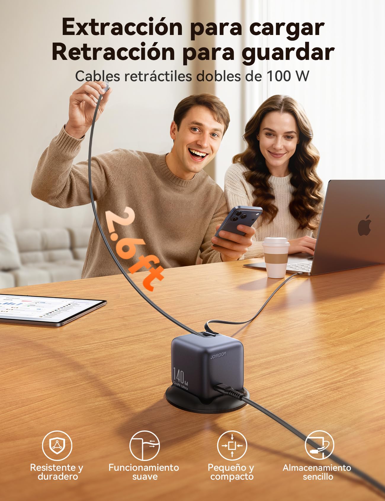 JOYROOM PODIX 5‑en‑1 Estación de Carga 140W GAN Ultra, Cargador con 2 Cables Retráctiles 100W (80 cm), Pantalla LCD Inteligente 1,54", Compatible con MacBook, iPhone, Samsung, Oficina y Hogar