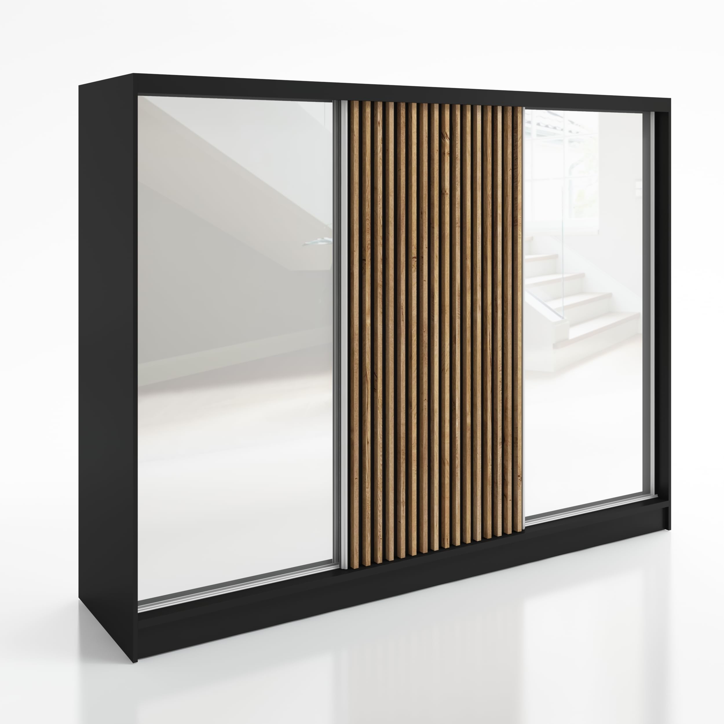 A&J MöbelLand Schwebetürenschrank Driver Kleiderschrank 3-türig 200 cm mit Spiegel, moderner Schlafzimmerschrank mit Schiebetüren (Schwarz)