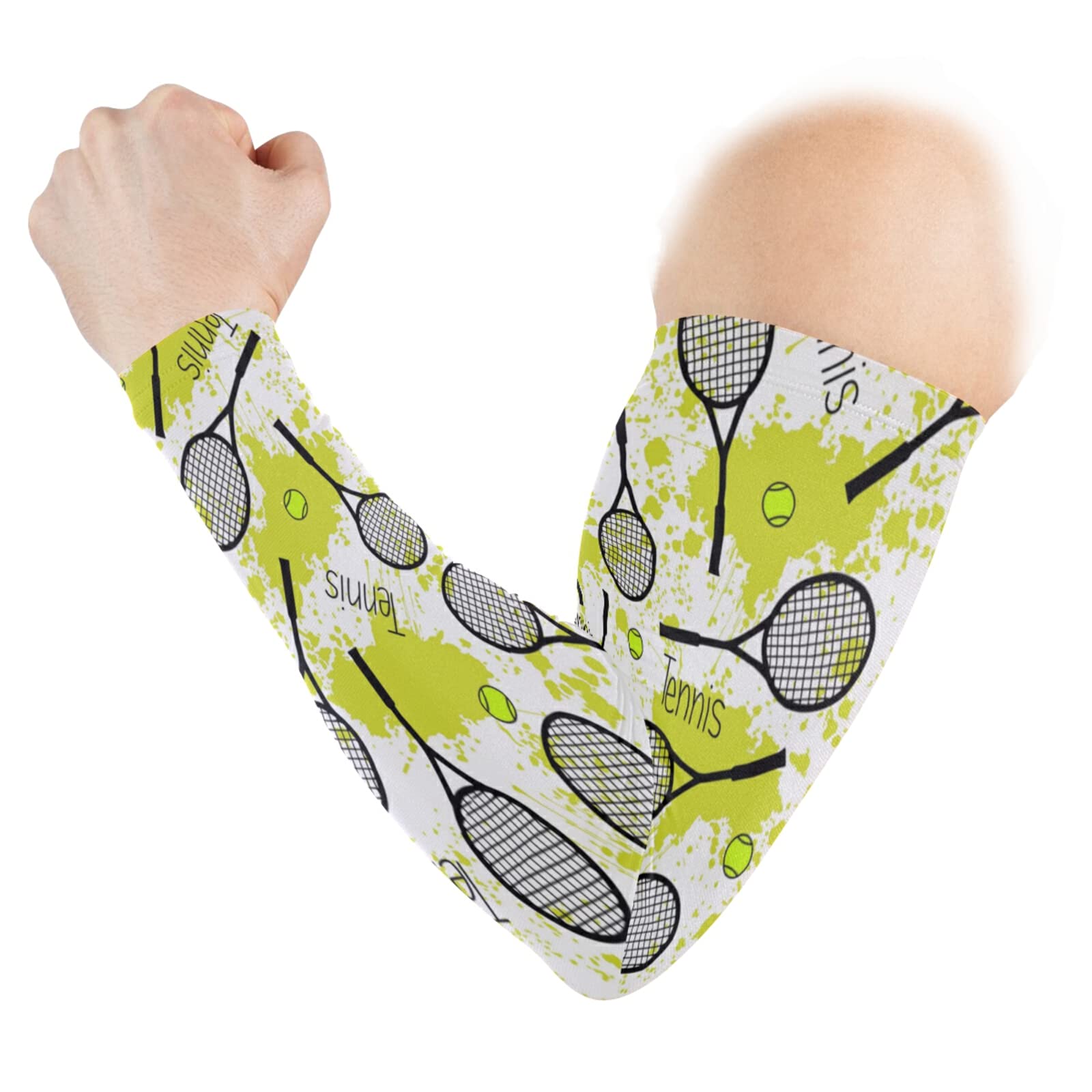 Seamless Black Tennis Rackets Green Balls on Green Blots Stains 1 Pair Cooling Sports Arm Sleeves, Cover Uv Sun Protection Warmer for Sports Men Women Running Golf Cycling Riding Jogging