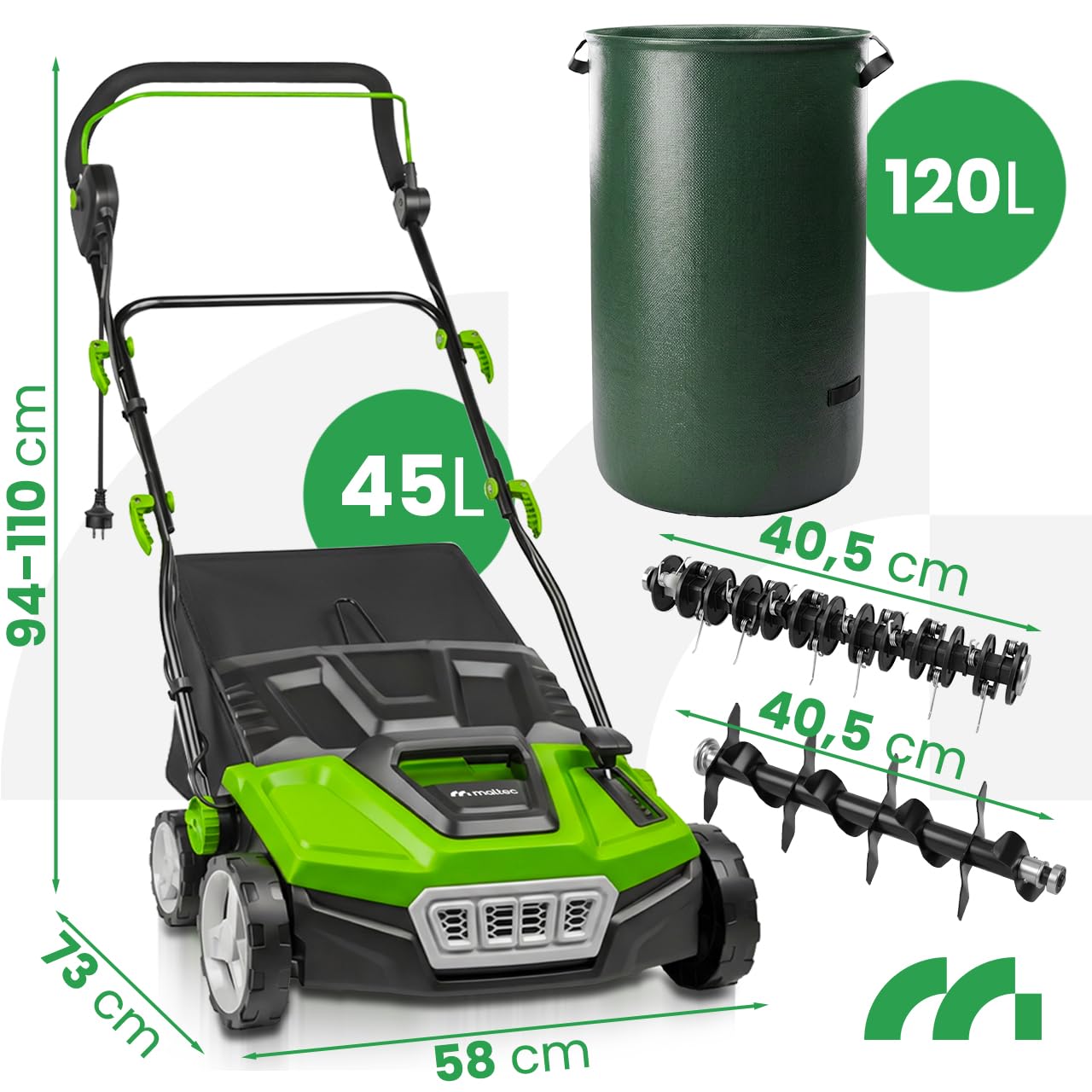 Escarificador eléctrico para césped de 38 cm de ancho de trabajo MalTec con 5 niveles, altura de trabajo