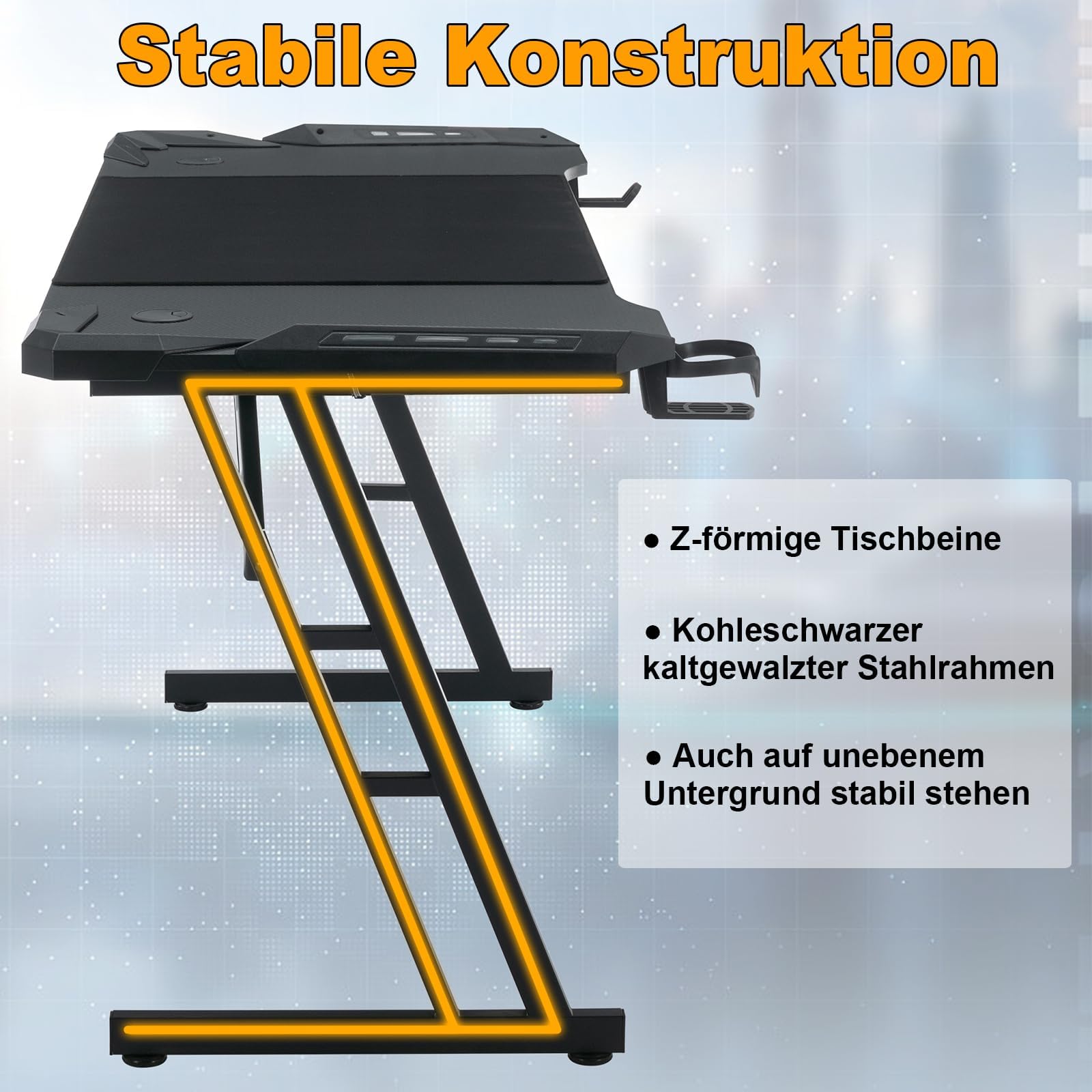 UISEBRT Tavolo da gioco con LED, scrivania da gioco, con superficie in fibra di carbonio, ergonomico, fino a 150 kg, per camera da letto, ufficio, 120 x 60 x 74 cm