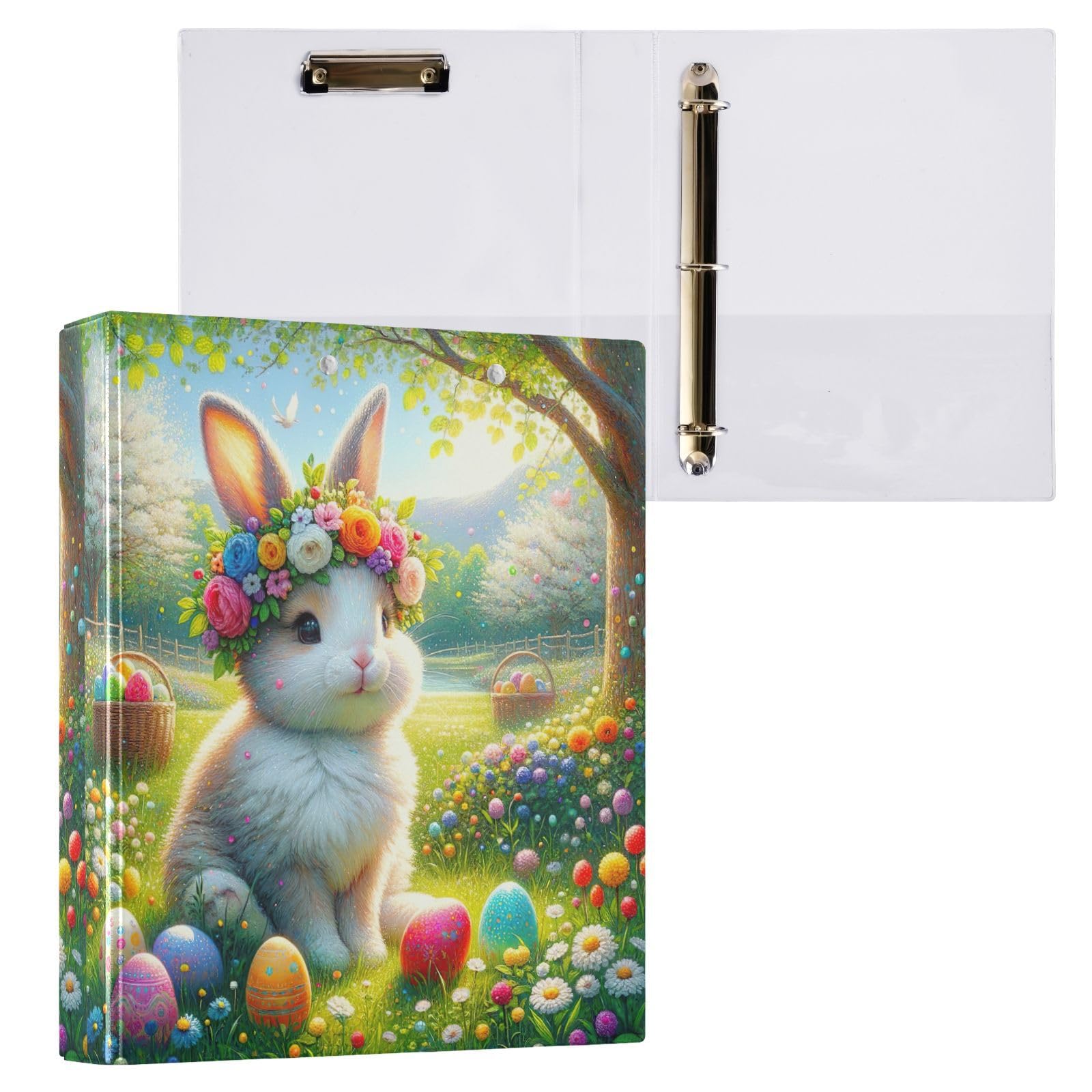 Confezione da 2 raccoglitori ad anelli pasquali con motivo floreale e coniglio, con tasche, grandi, per scuola, università, ufficio