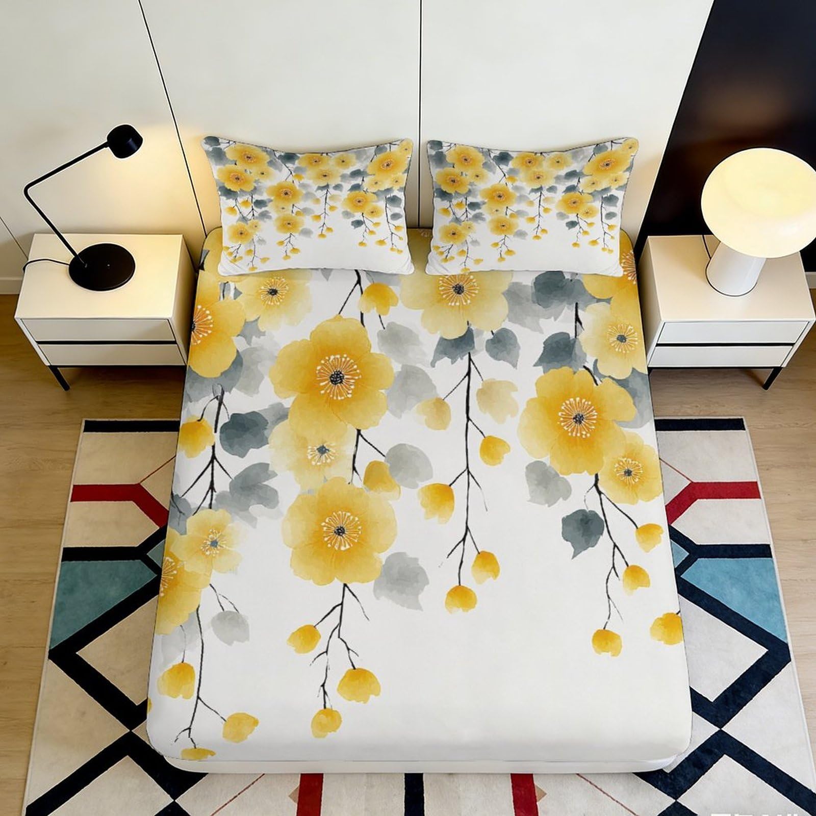 Pnayamiorkfel Style-6 3D Printed Yellow Blossom Fitted Sheet Microfiber Non-Slip Floral Bed Cover For Bedroom Guest Room Easy Care 90X200x25cm