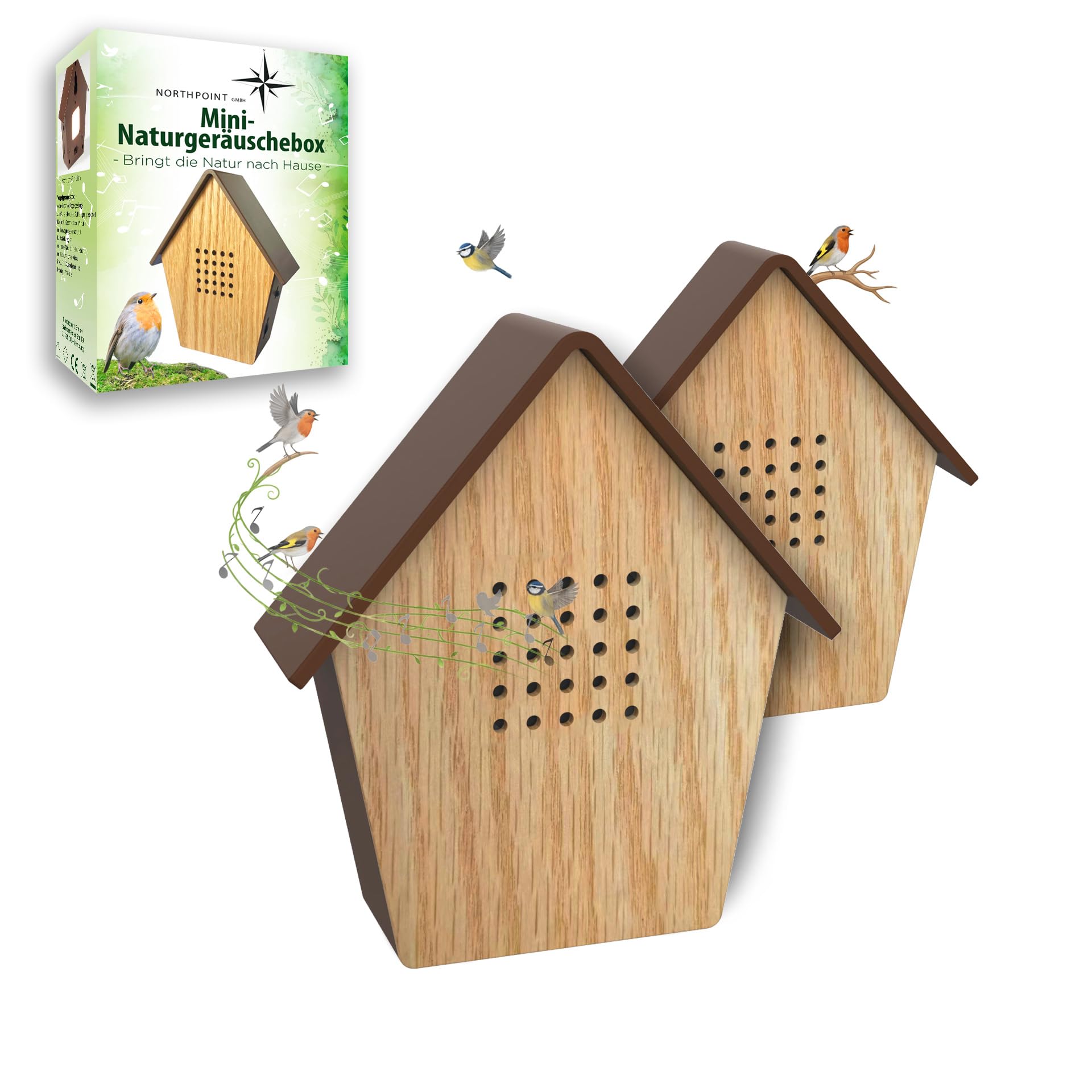Northpoint Natural Sound Box Bird Singing Bird Chirping with Real Wood Motion Sensor Bird Sounds Light Rechargeable with Wall Mount (Set of 2)