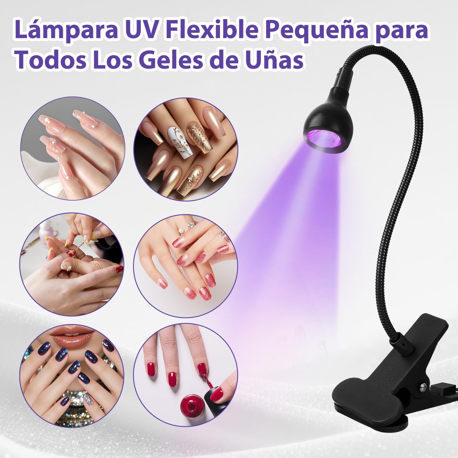 Lámpara de Uñas UV 5W LED Mini para Uñas de Gel Curado Rápido USB Ultravioleta con Clip Negro