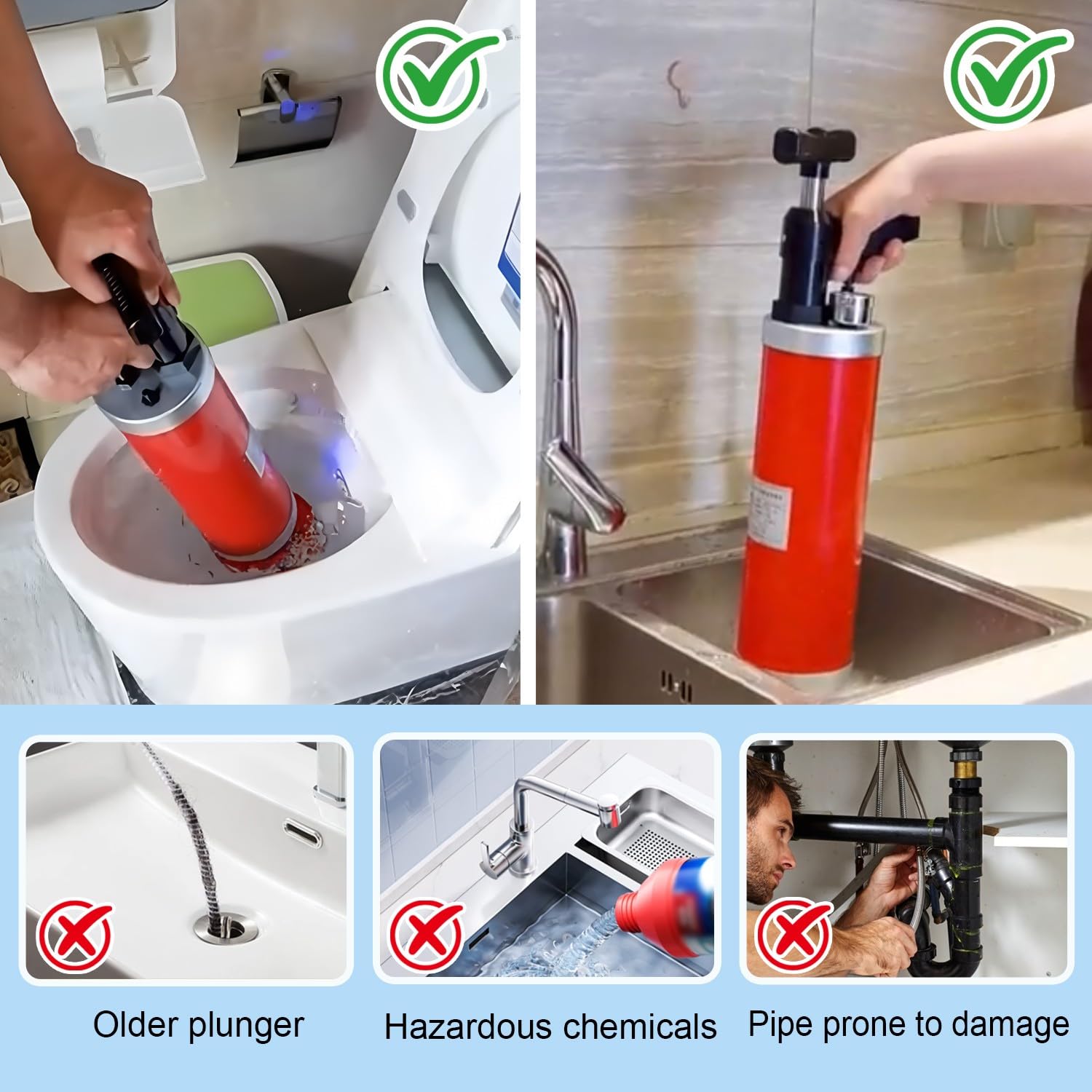 Pompa Stura scarichi a Pressione Stantuffo per WC Sturalavandini a Pressione Sturatubi ad Aria Compressa 4 in 1 Stura WC con 4 Teste Sostituibili, Barometro, per Disintasare WC