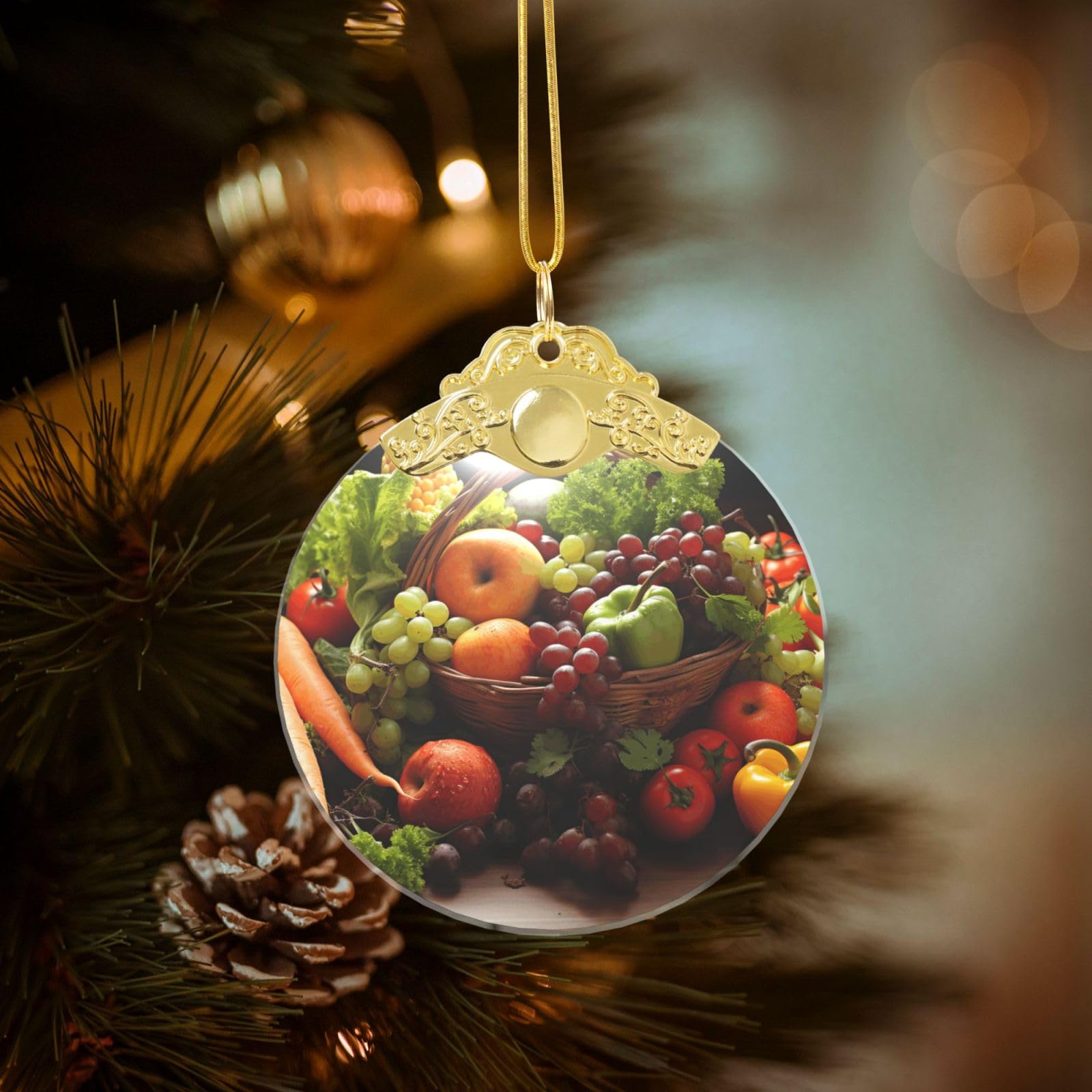 Crystal Christmas Ornaments for Christmas Tree Decoration Hanging Colorful Various Vegetables Ornament with Gold Ribbon Crafts Round Pendant for Keepsake Gifts Glass Xmas Decor Party Supplies