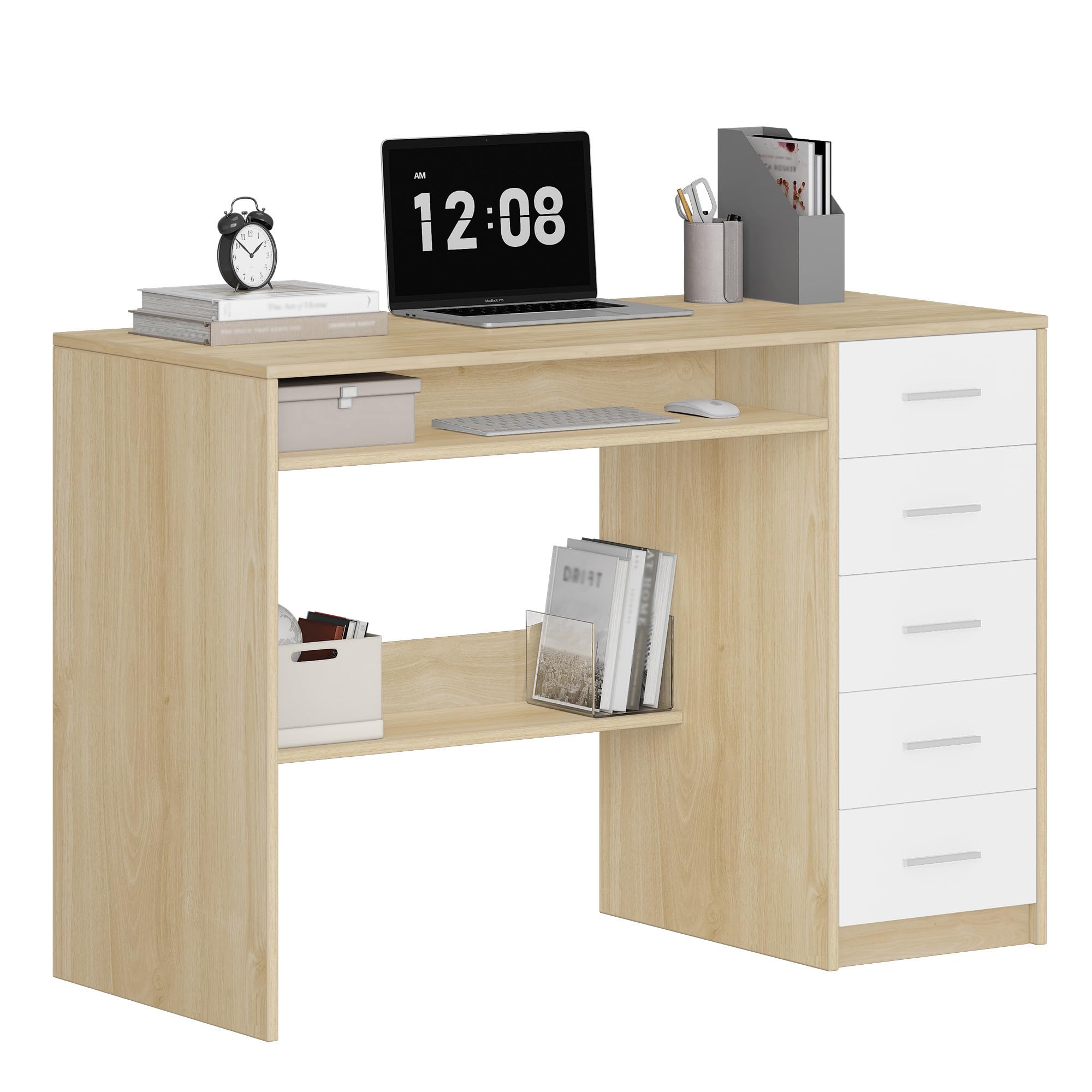 Hzuaneri Mesa Ordenador con 5 Cajones, Mesa de Oficina, Escritorio Moderno con Almacenamiento, para Estudio, Oficina, Dormitorio, 50 x 108 x 75 cm, Roble y Blanco CD10531X
