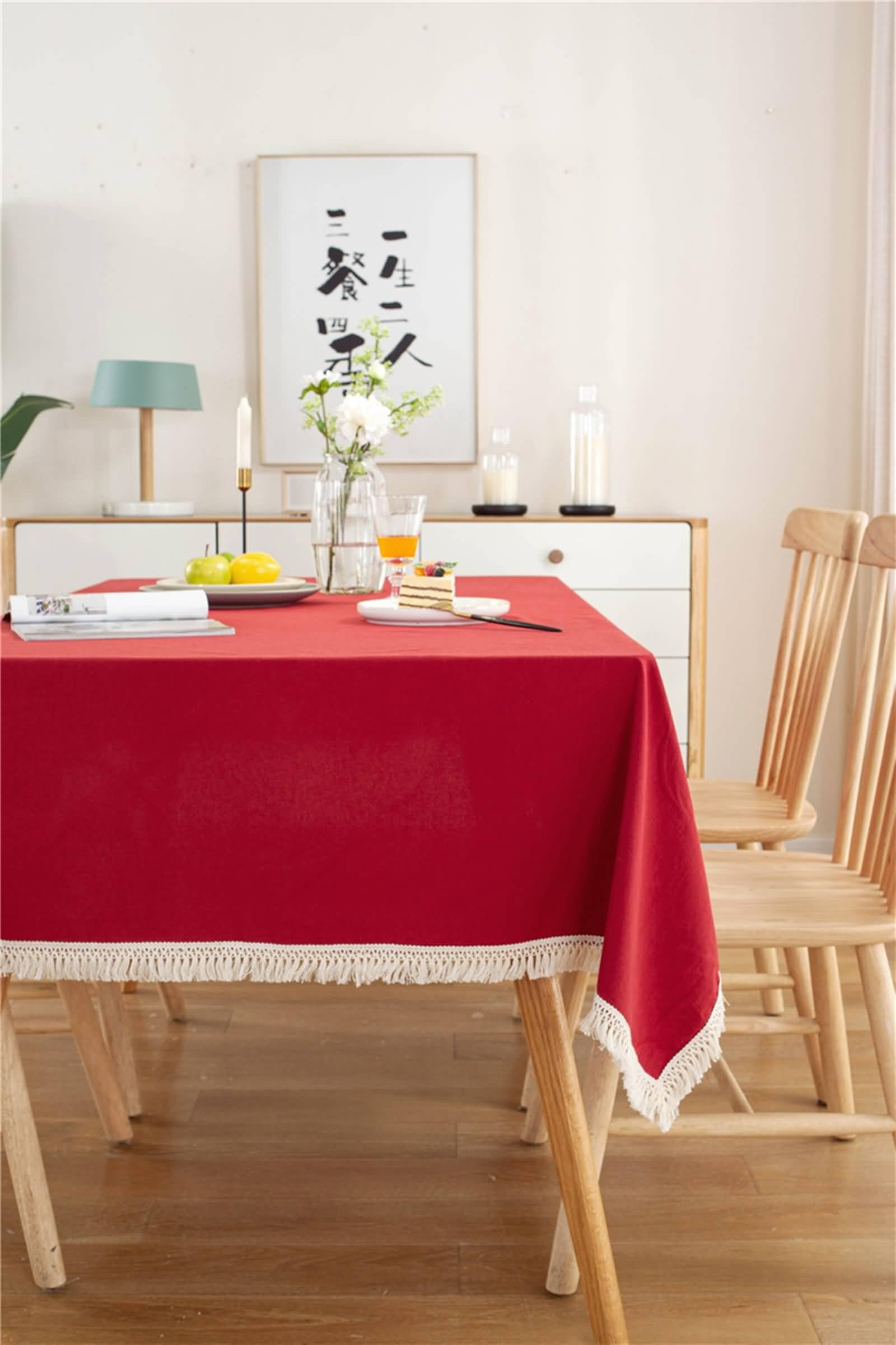 Mantel cuadrado para mesa de comedor, 35 x 35 pulgadas, de algodón, color liso, con borlas, para eventos, bodas, banquetes y fiestas, estilo B rojo