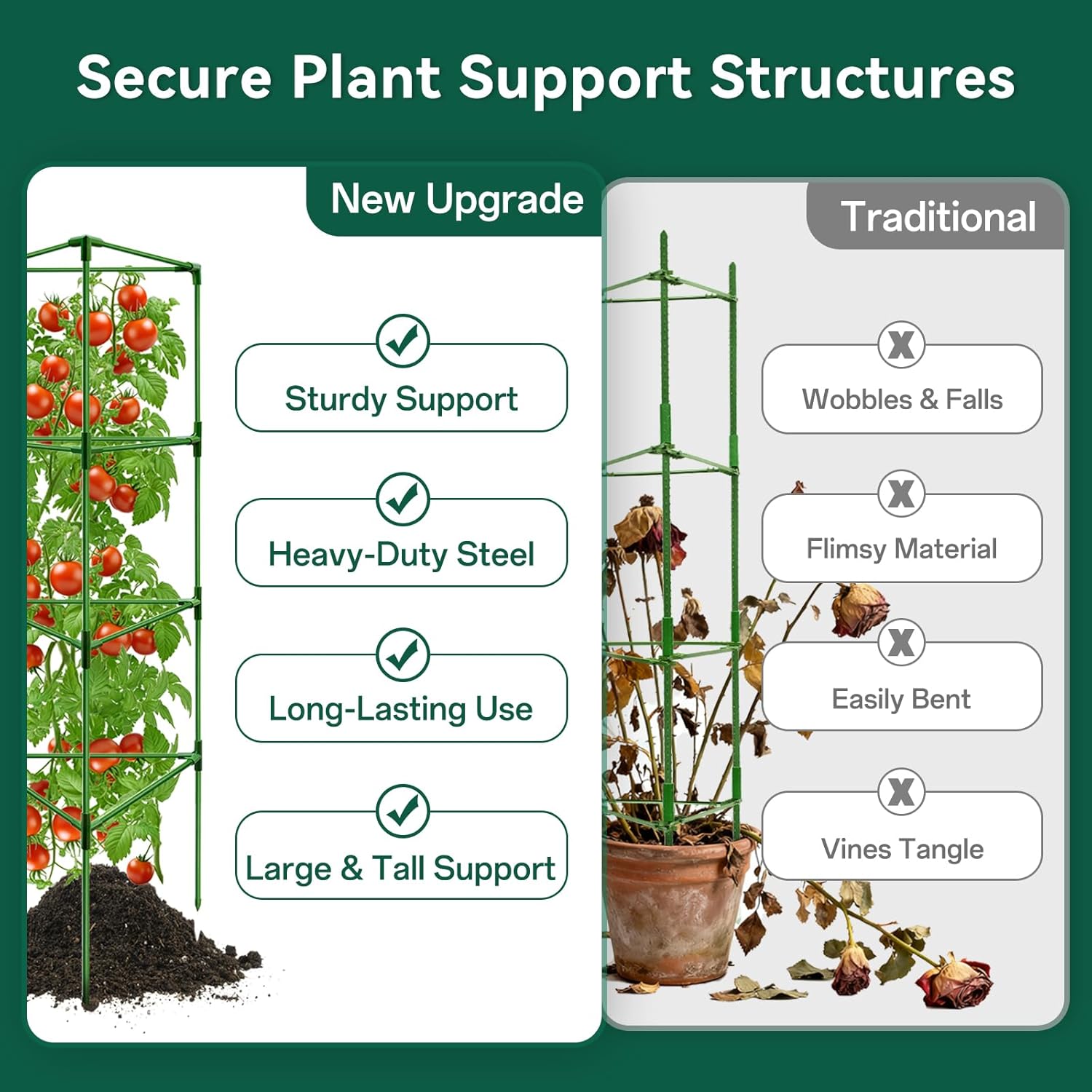 Halatool 6 Pack Tomato Cages for Graden 60 Inch, Adjustable Metal Tall Heavy Duty Tomato Trellis Plant Support, Foldable Tomatoes Stakes for Climbing Vegetables Flowers Fruits