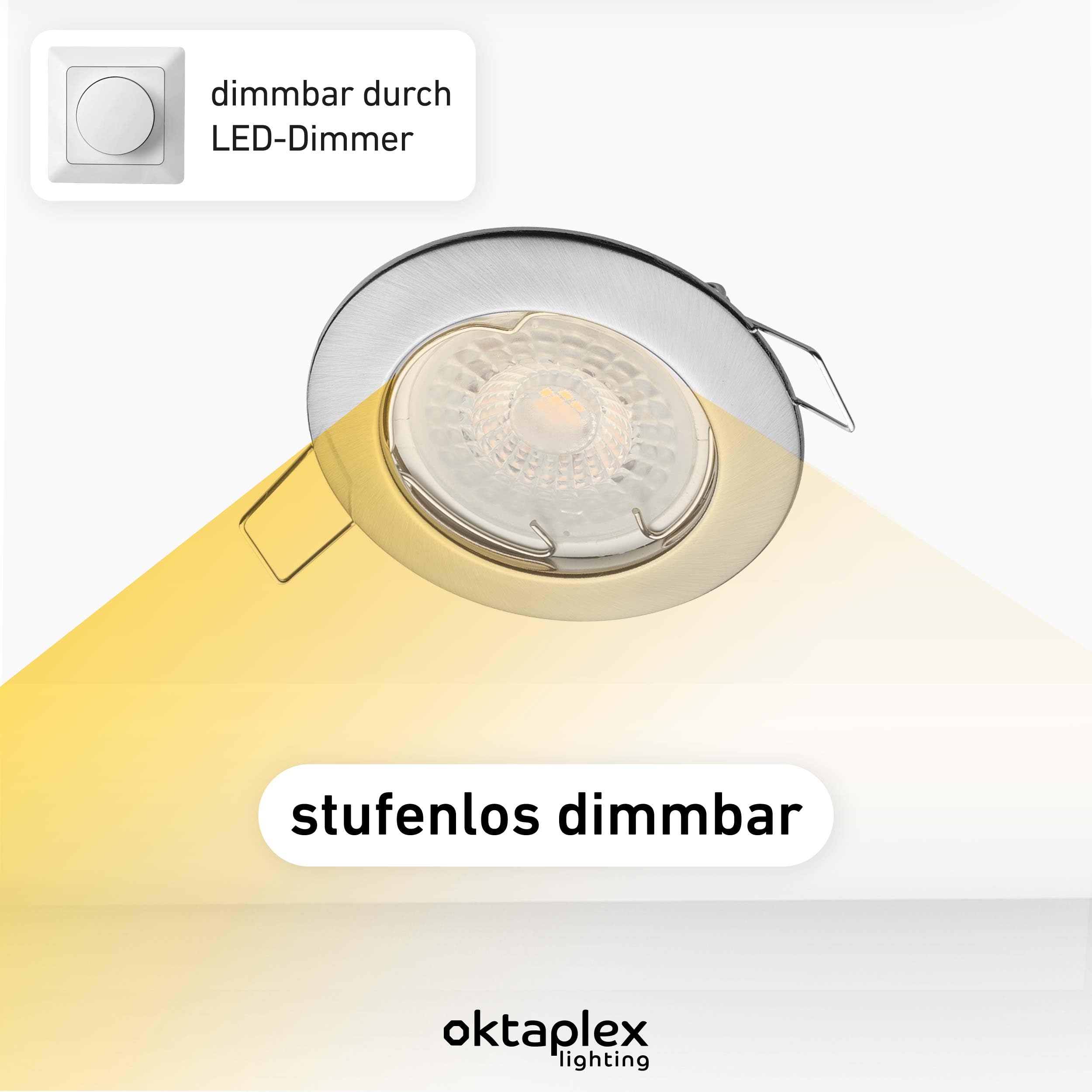 Oktaplex 6x Sedan LED Spots 230V Stufenlos dimmbar 3000K Warmweiß | 22mm Einbautiefe, Lochmaß 60mm, 5W, 380lm, 110° Deckenspot Sedan Edelstahl gebürstet, ultra flach