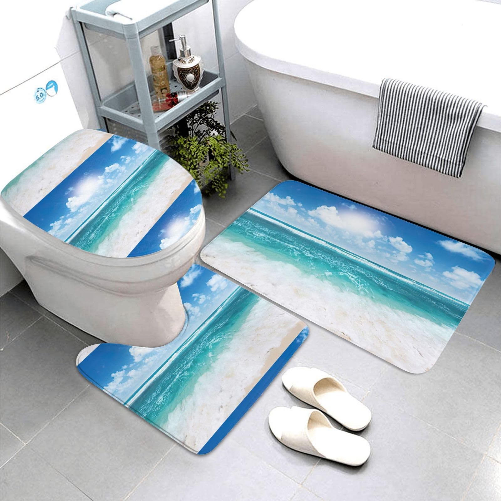BREAUX Blue Sky Tapis de sol antidérapant pour salle de bain Motif paysage marin tropical 3 pièces