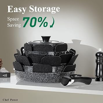 Chef Power 19-Piece Pots and Pans Set Non Stick, Induction Hob Pan Set with Detachable Handles, Ti-Ceramic Nonstick Stackable Cookware Kitchen Set, Dishwasher/Oven Safe, PFAS PFOA & PTFE Free, Black