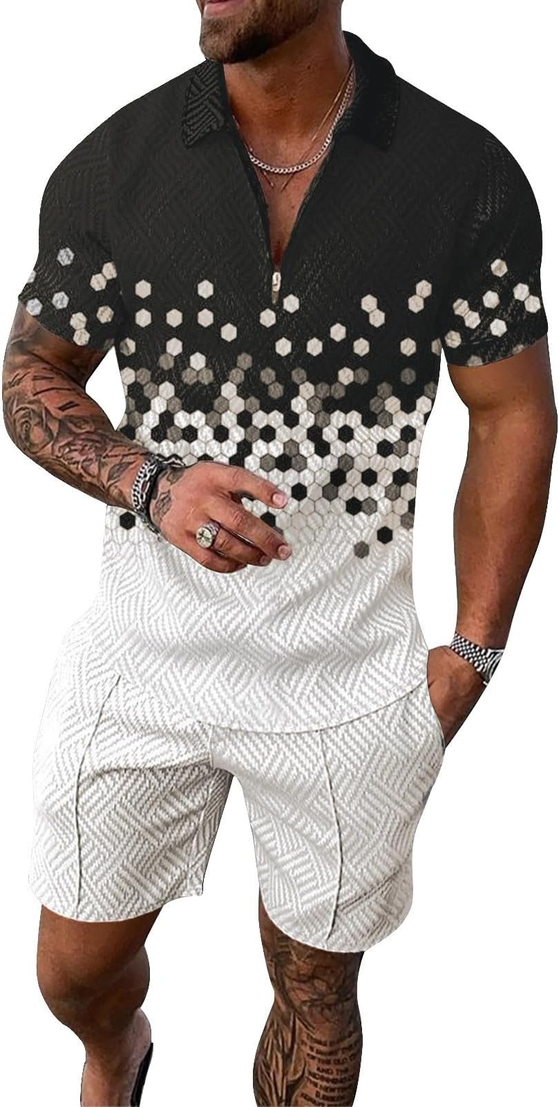 Fxbar Men's Patriotic Zipper Collar T-Shirts Outfits Breathable Sweat-Absorbing American Flag Short Sleeve Shirts Set