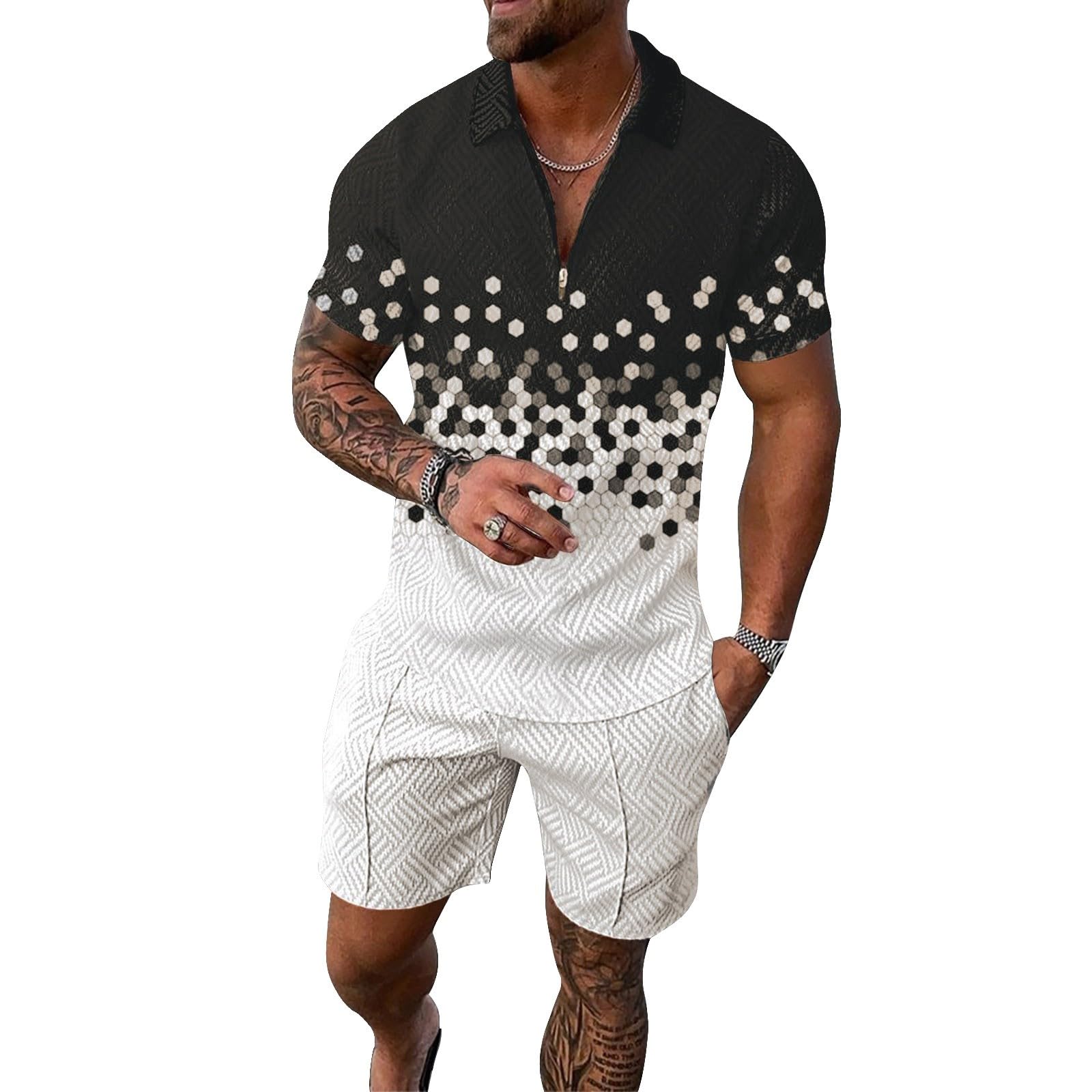 Fxbar Men's Patriotic Zipper Collar T-Shirts Outfits Breathable Sweat-Absorbing American Flag Short Sleeve Shirts Set