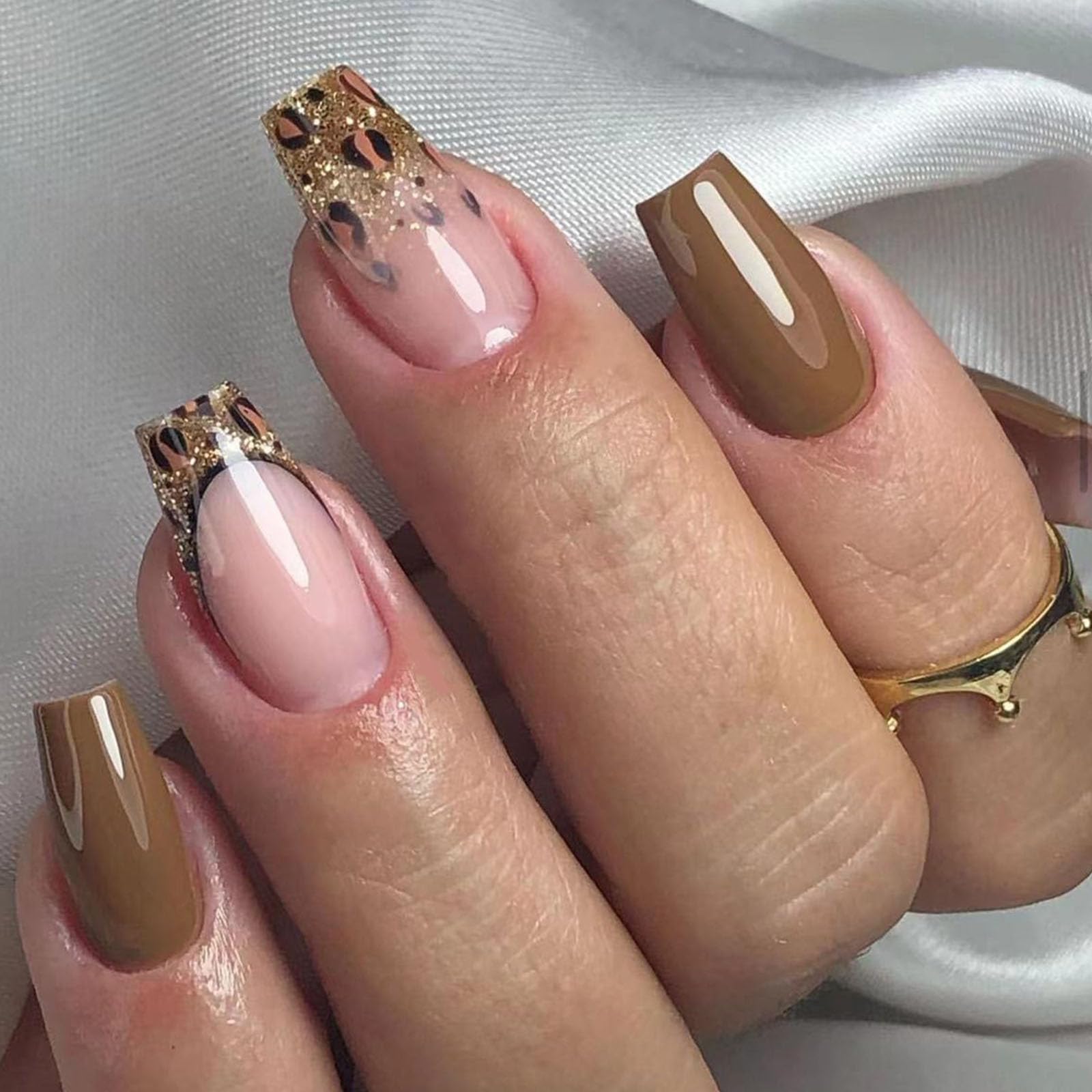Short Press on Nails Coffin Fake Nails with Golden Glitter & Leopard Print Designs French Tip Nails Press ons Glossy Glue on Nails Brown Full Cover