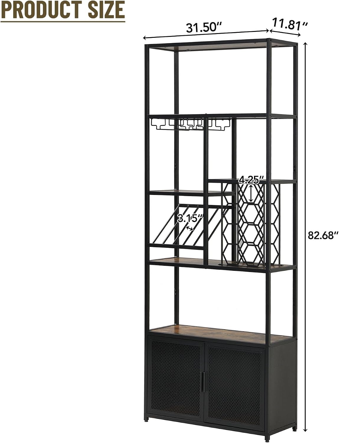 82.7" Industrial Standing Wine Rack with Glass Rack Tall Freestanding Floor Bar Cabinet
