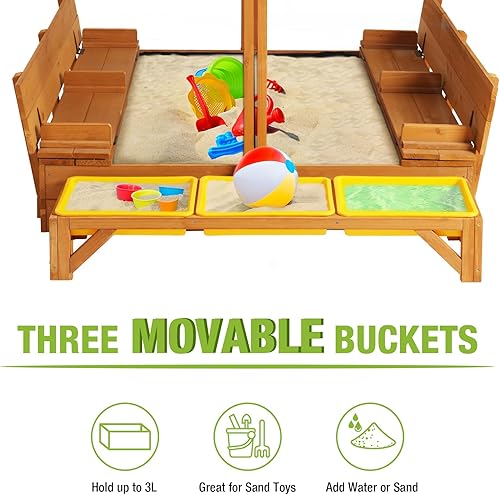 Miniatura 2 de GUTINNEEN Caja de arena de madera para patio trasero con cubierta, caja de arena al aire libre para niños con 3 contenedores de juguetes