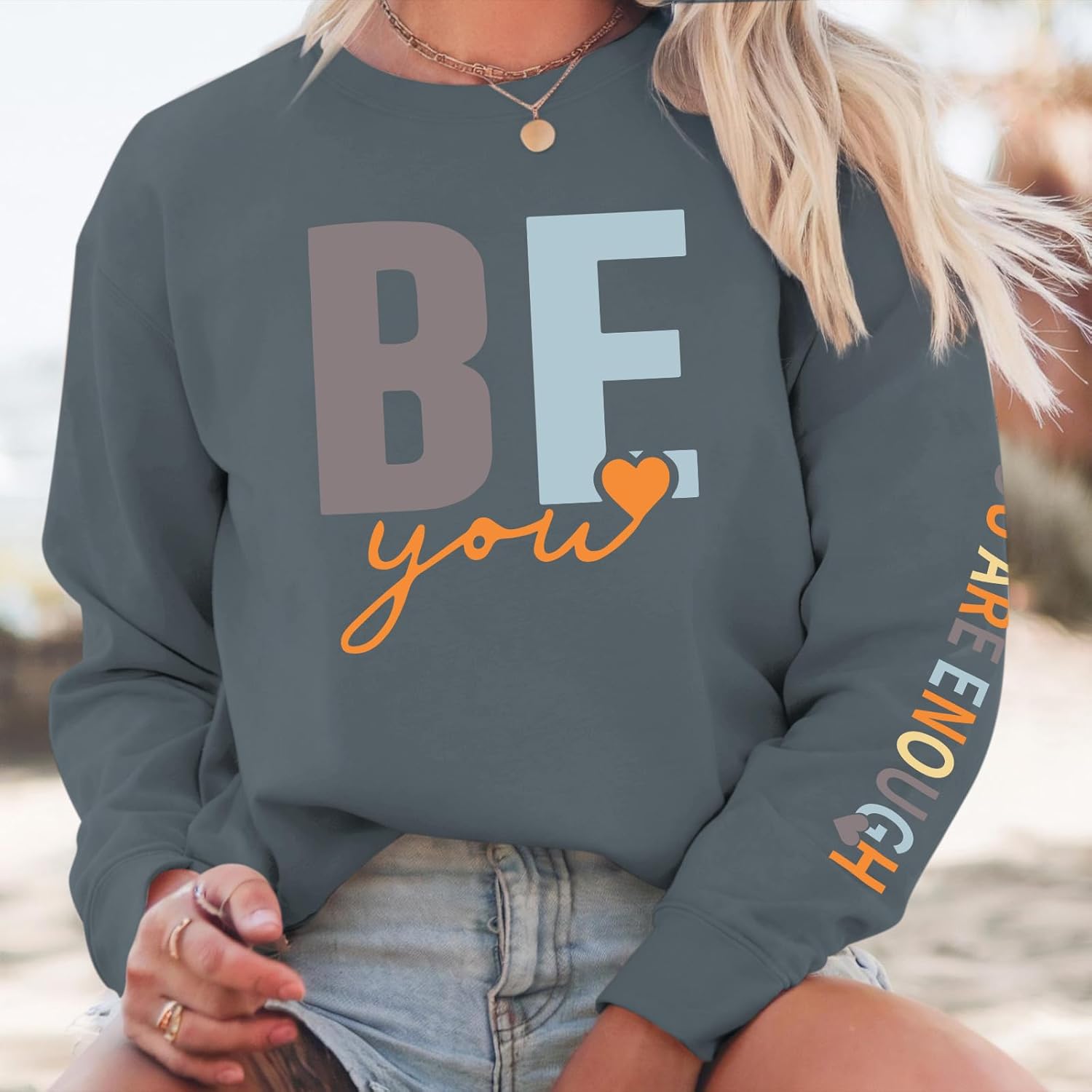 You Are Enough Crewneck Sweatshirt for Women Mental Health Awareness Pullover Inspirational Graphic Long Sleeve Tops - Image 3