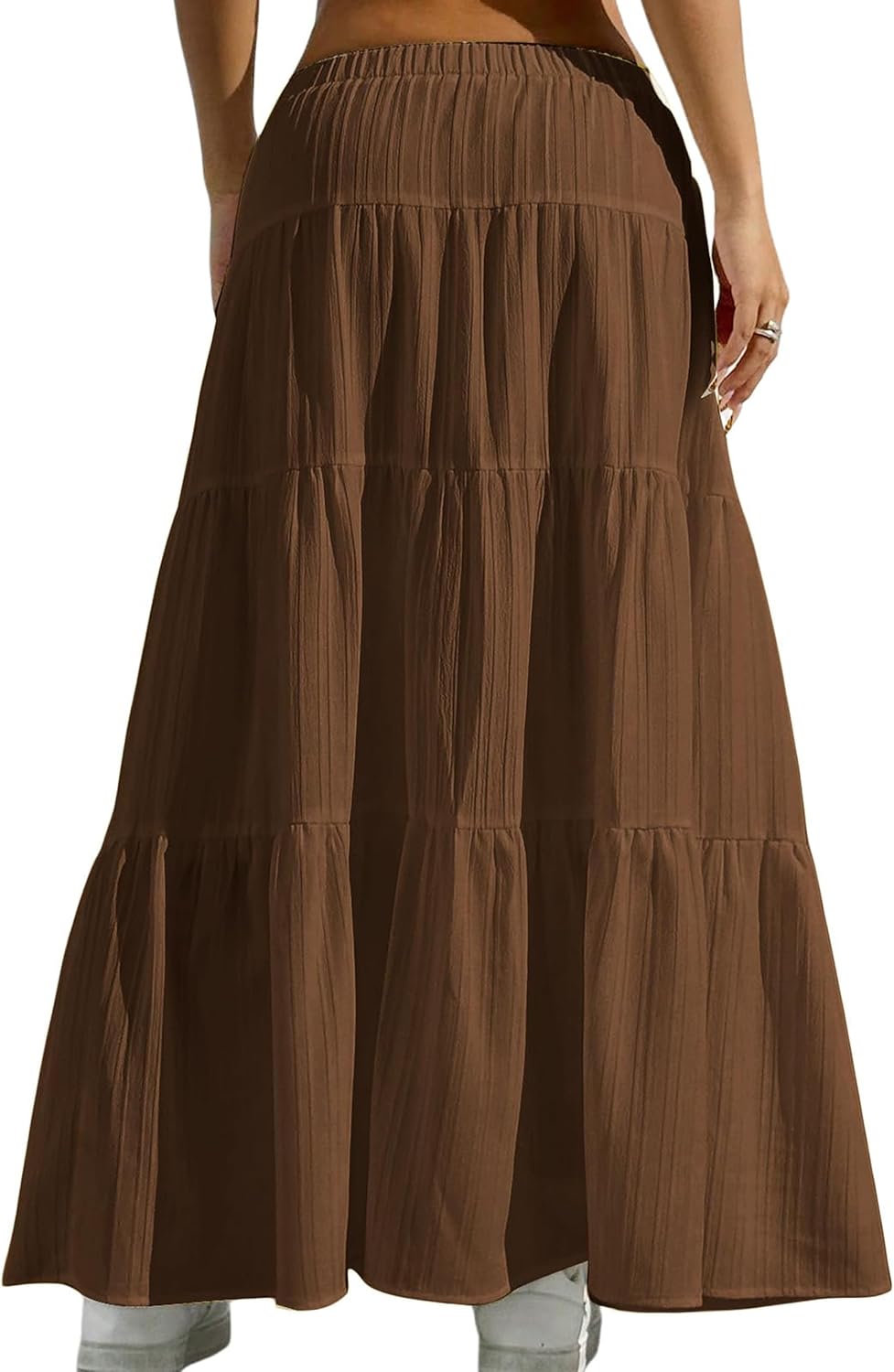 DERAX Flowy Maxi Skirts Flared Ruffle Hem Elastic High Waisted A Line Long Skirts Brown 2XL - Image 2