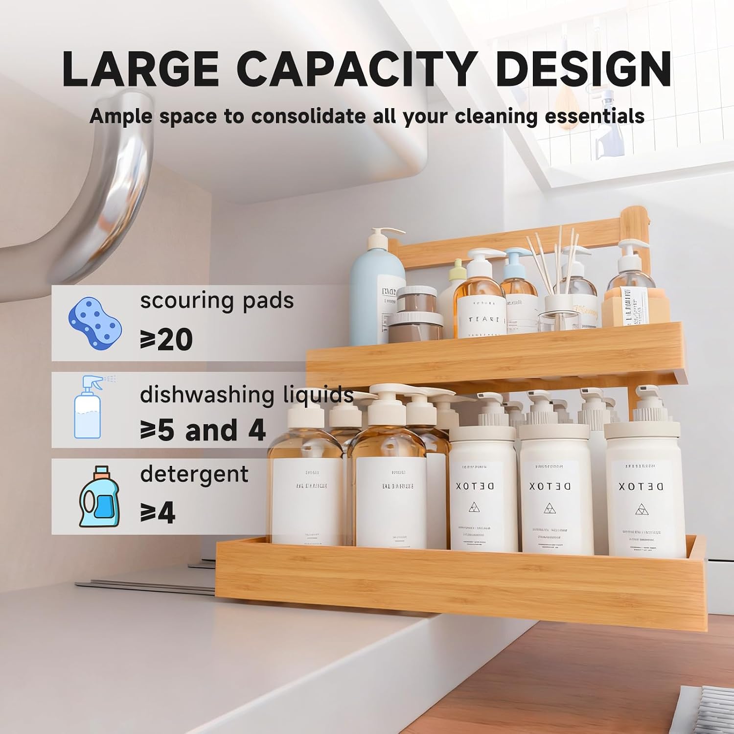 2-Tier Under Sink Pull Out Organizer, Bamboo Cabinet Storage Shelf with Adjustable Height, Slide Out for Kitchen Bathroom Pantry (Natural, 2 Packs)