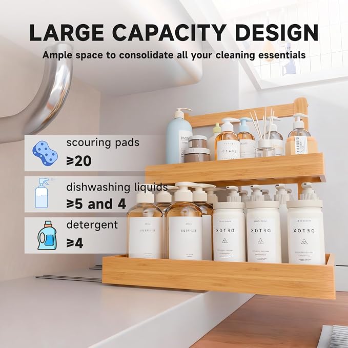 Organizador de gabinete debajo del fregadero de 2 niveles, estante de almacenamiento en bambú con altura ajustable, deslizante para cocina, baño y despensa (Natural, 2 unidades) miniatura 4