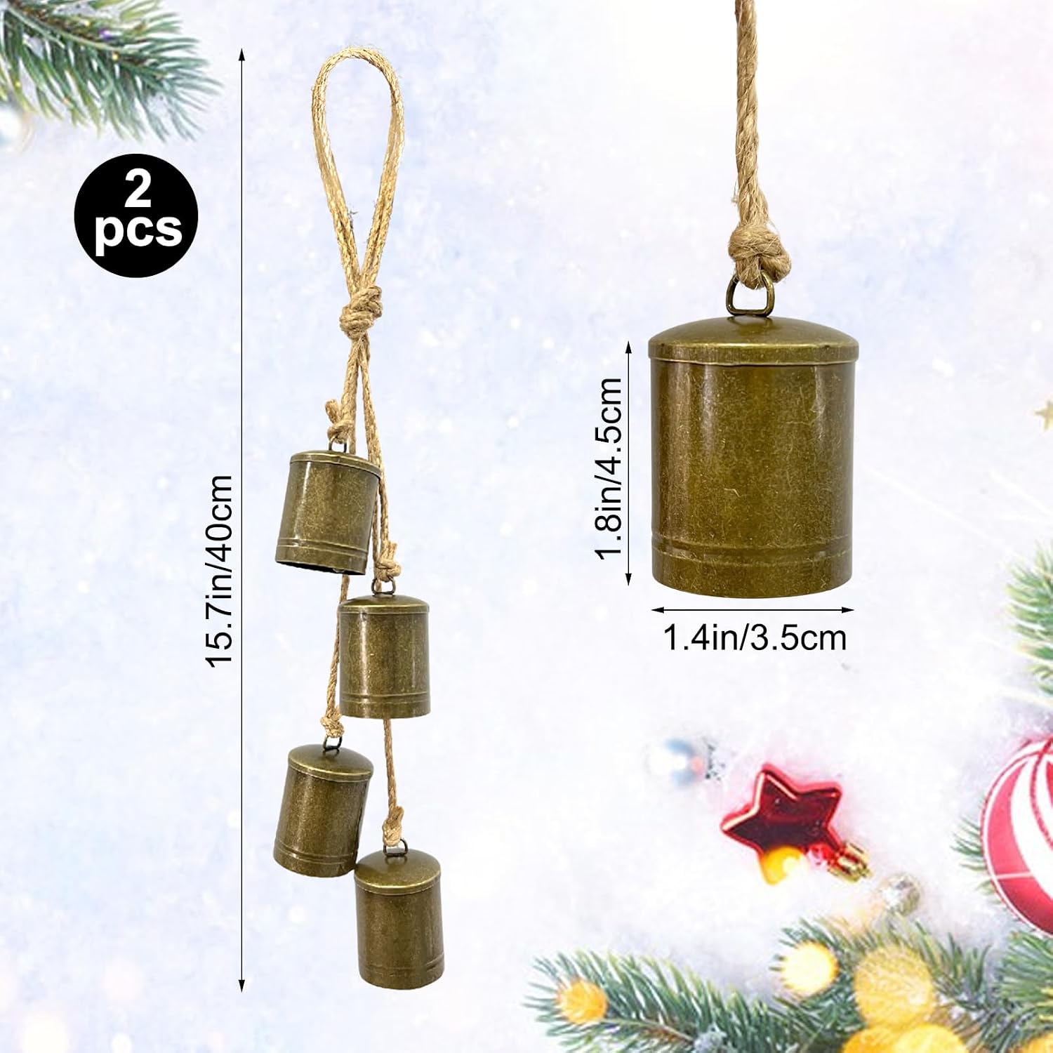 2 Pack Christmas Bells - 8 Vintage Cluster Cow Bells on Rope Hanging Decorative Metal Handmade Harmony Vintage Rustic Tranquil Wind Chimes with Rope for Wall, Bedroom, Living Room, Door