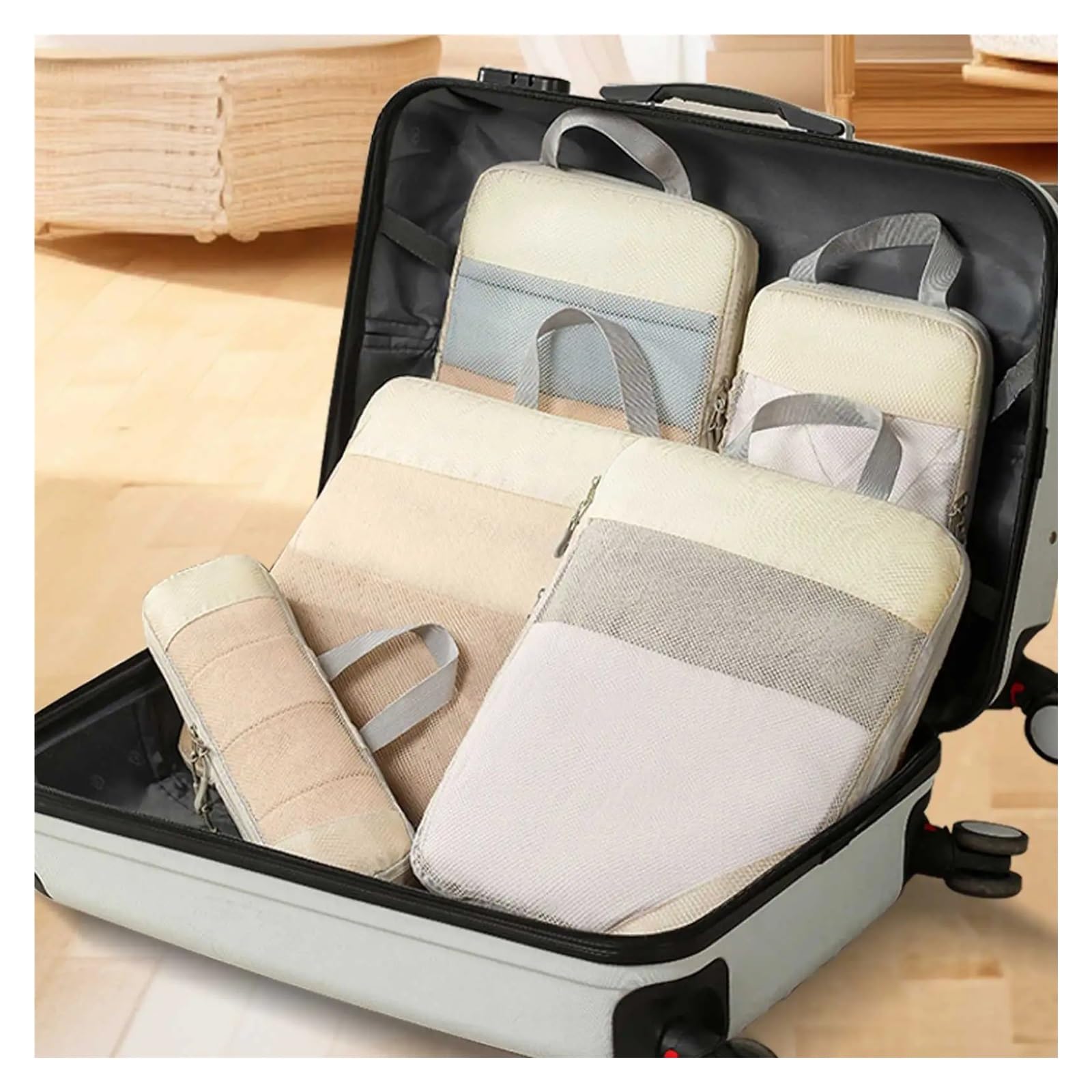 Packwürfel 5er-Set/6er-Set komprimierbare Packwürfel, Reise-Aufbewahrungstasche, tragbar, große Kapazität, wasserdicht, Koffer, Handtasche, Gepäck-Organizer(5pcs black)