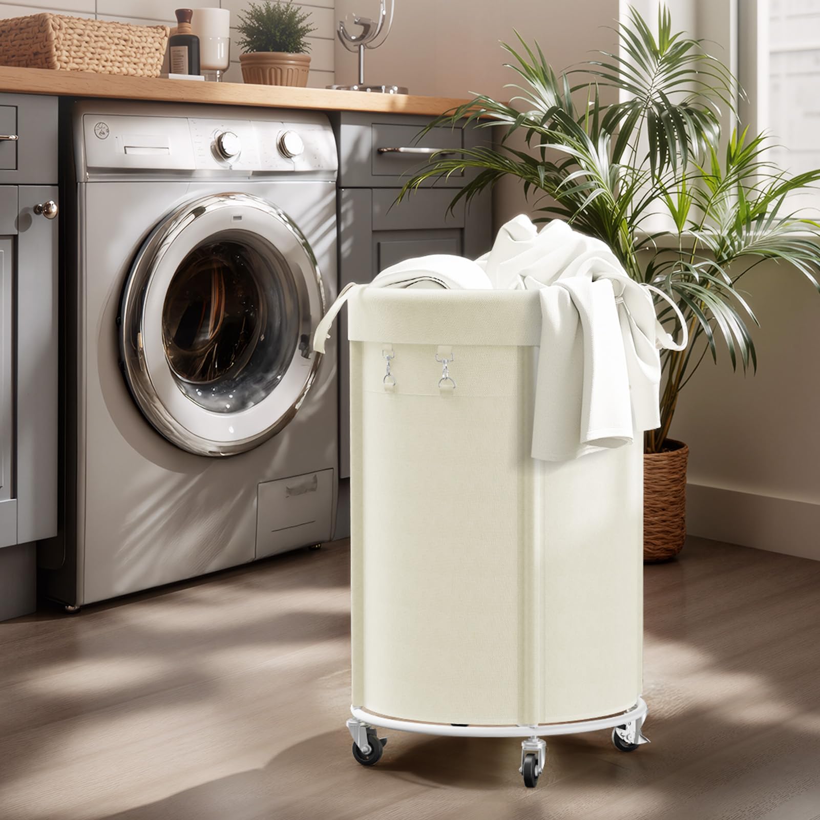 Kosze na pranie z rolkami, 150 l, duży kosz na pranie z metalową ramą i wodoszczelnym workiem, Laundry Baskets wózek na pranie do pralni, sypialni, łazienki, beżowy