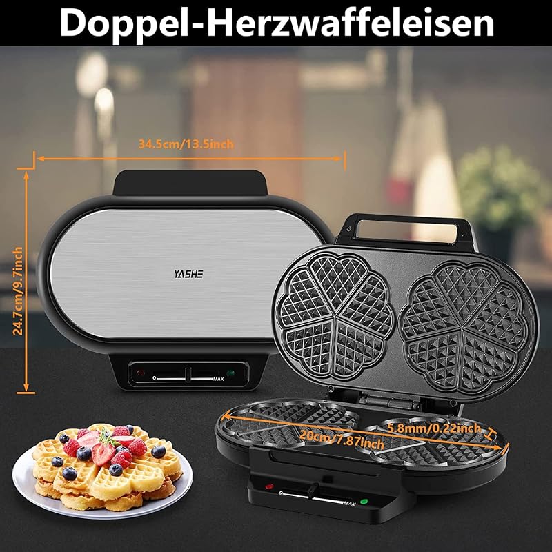 YASHE Szív alakú dupla gofrisütő, 1200W, 5 hőfok, tapadásmentes bevonat