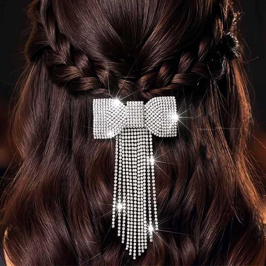 Rhinestone Bow Hair Clips Silver Sparkly Tassel Prom Hair Accessories for Women