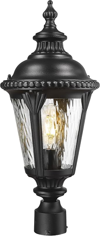 Emliviar Matte Black Lamp Post Light Fixture, 22.4" Aluminum Outdoor Waterproof Post Lighting for Yard and Garden, Water Ripple Glass, XE265P-M BK-SW