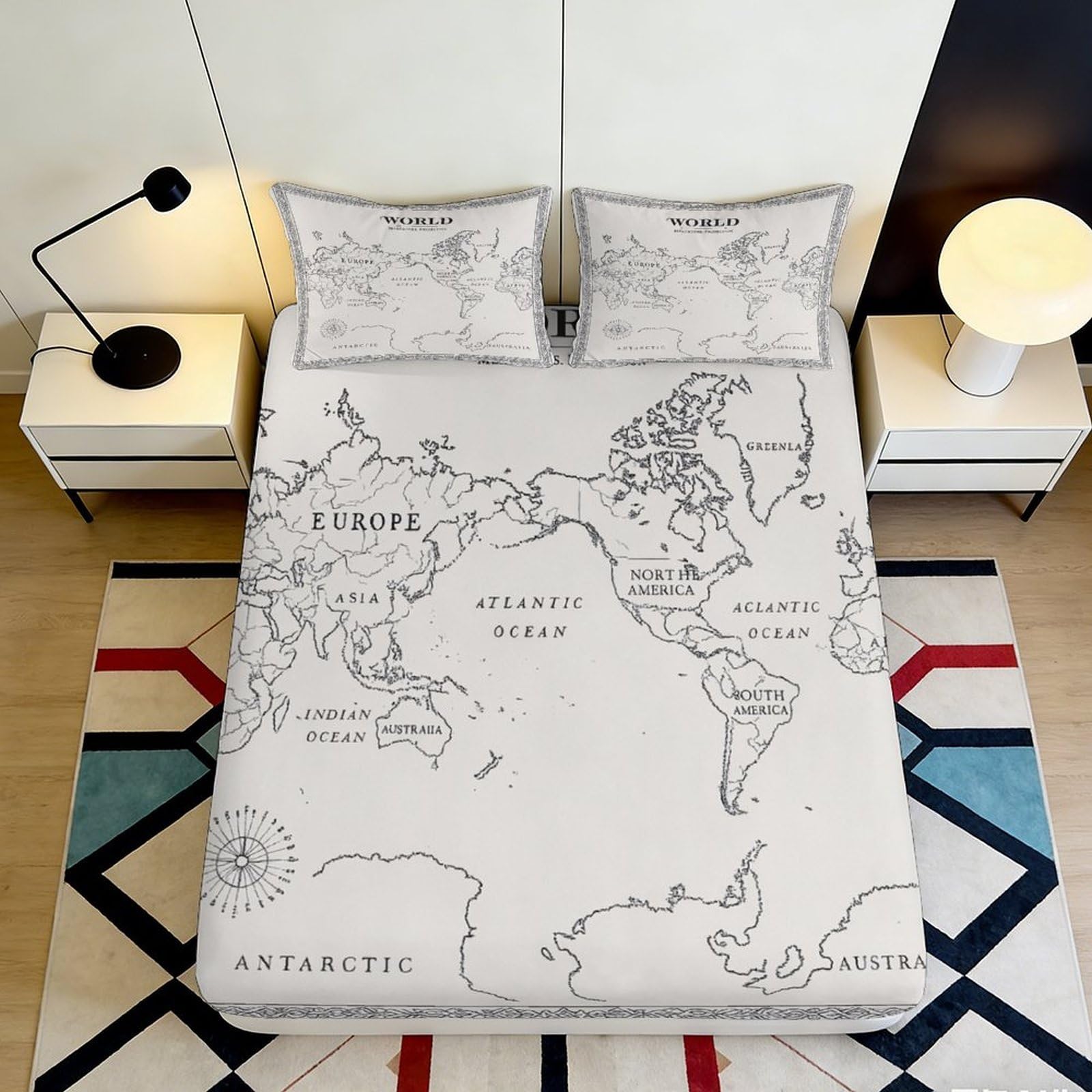 Dhbaneiok Style-3 3D Printed World Map Fitted Sheet Microfiber Soft Grey Black Continent Bed Sheet For Bedroom Dorm Mattress Cover Decor 90X200x25cm
