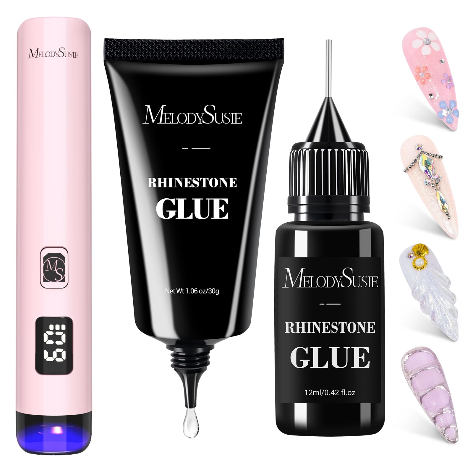MelodySusie Pink Handheld UV Light for Gel Nails and Rhinestone Glue Kit