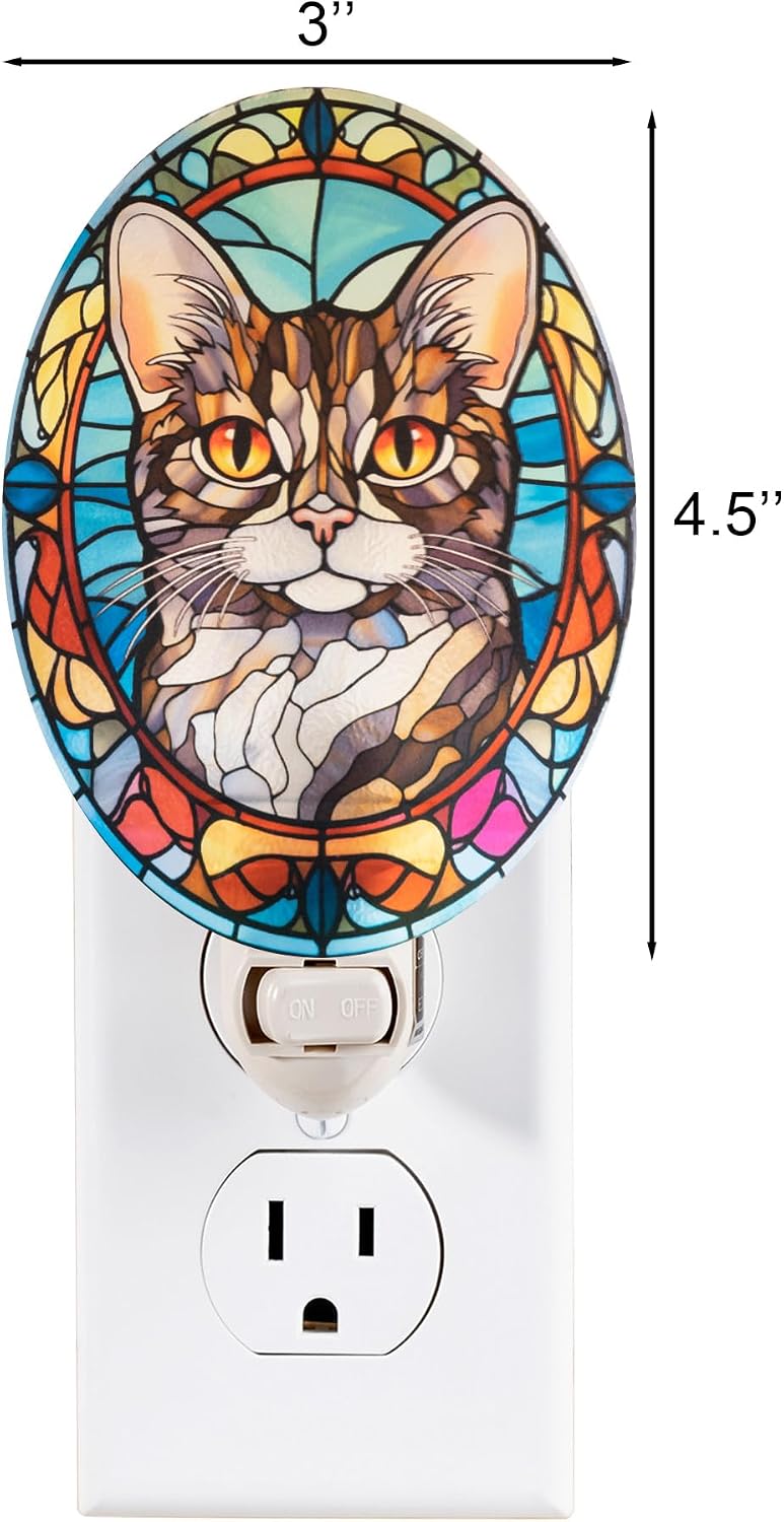 Tabby Cat Stained Glass Styled Cat Night Light, Real Glass Plug-in Night Light with Vertical Outlet and On/Off Switch for Bedroom, Bathroom, Hallway, Home Decor
