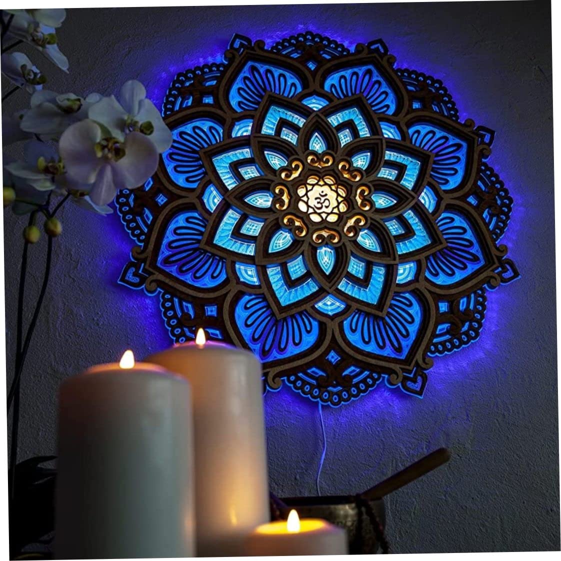 Obelunrp Mandala Wall Lamp, 11.8inch Wood Carving Mandala Atmosphere Night Light, USB Charging Yoga Room Decorative Hanging Light Decor for Bedroom Nursery Room Decoration