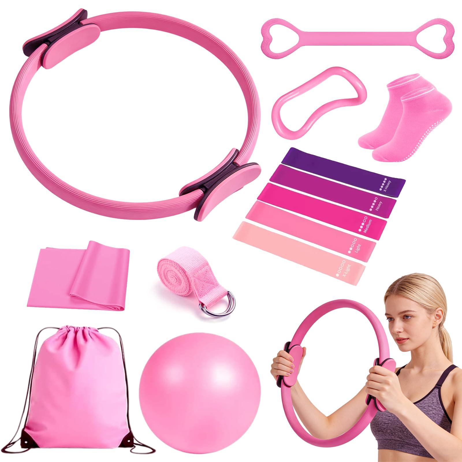 Kit Pilates Maison 13 Pièces Accessoires Fitness Femmes Anneau Balle Sangle Yoga Affiche Entraînement Sac Portable Rose