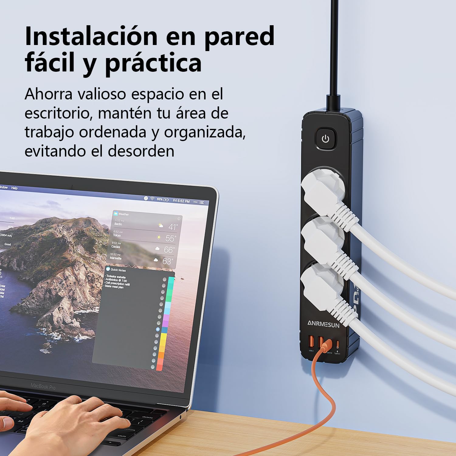 ANRMESUN Regletas Enchufes con 3 Tomas y Interruptor, Enchufe Múltiple de Carga 2 USB A y 2 USB C (PD 20W), Protección Sobretensión, Cable 1.9m, Ideal para Viajes y Hogar — view 2