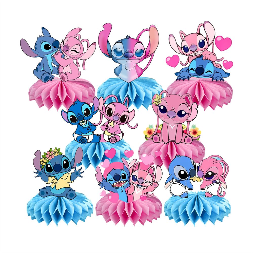 8Pcs Blue and Pink Stitch Table Centerpiece Birthday Party Supplies Double Side Table Decorations for Kids Party Decorations