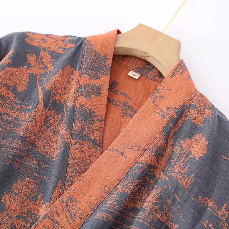 Spring Autumn Cotton Gauze Mid-length Nightdress Printed Tie-belt Bathrobe Loose Pajamas Comfortable Nightgown Sweat Steaming Yukata Sauna Suit Sleepwear Kimono for Women X-Large(Grey)3